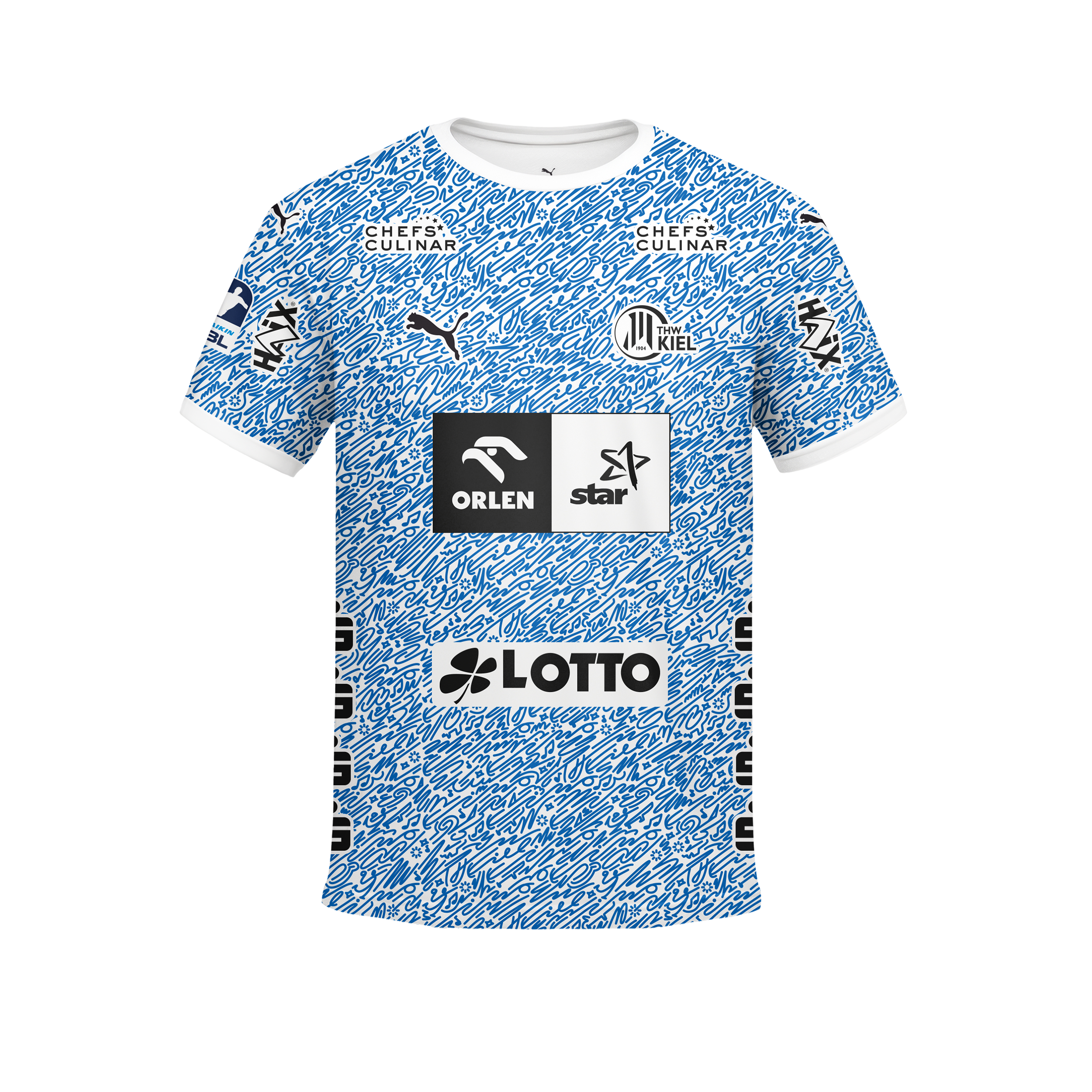 Das THW Kiel 24-25 Sondertrikot "Kieler Woche" Racing Blue ist ein blau-weiß gemustertes Fußballtrikot aus recyceltem Polyester mit Sponsorenlogos und dem Holstein Kiel Abzeichen auf schwarzem Grund.