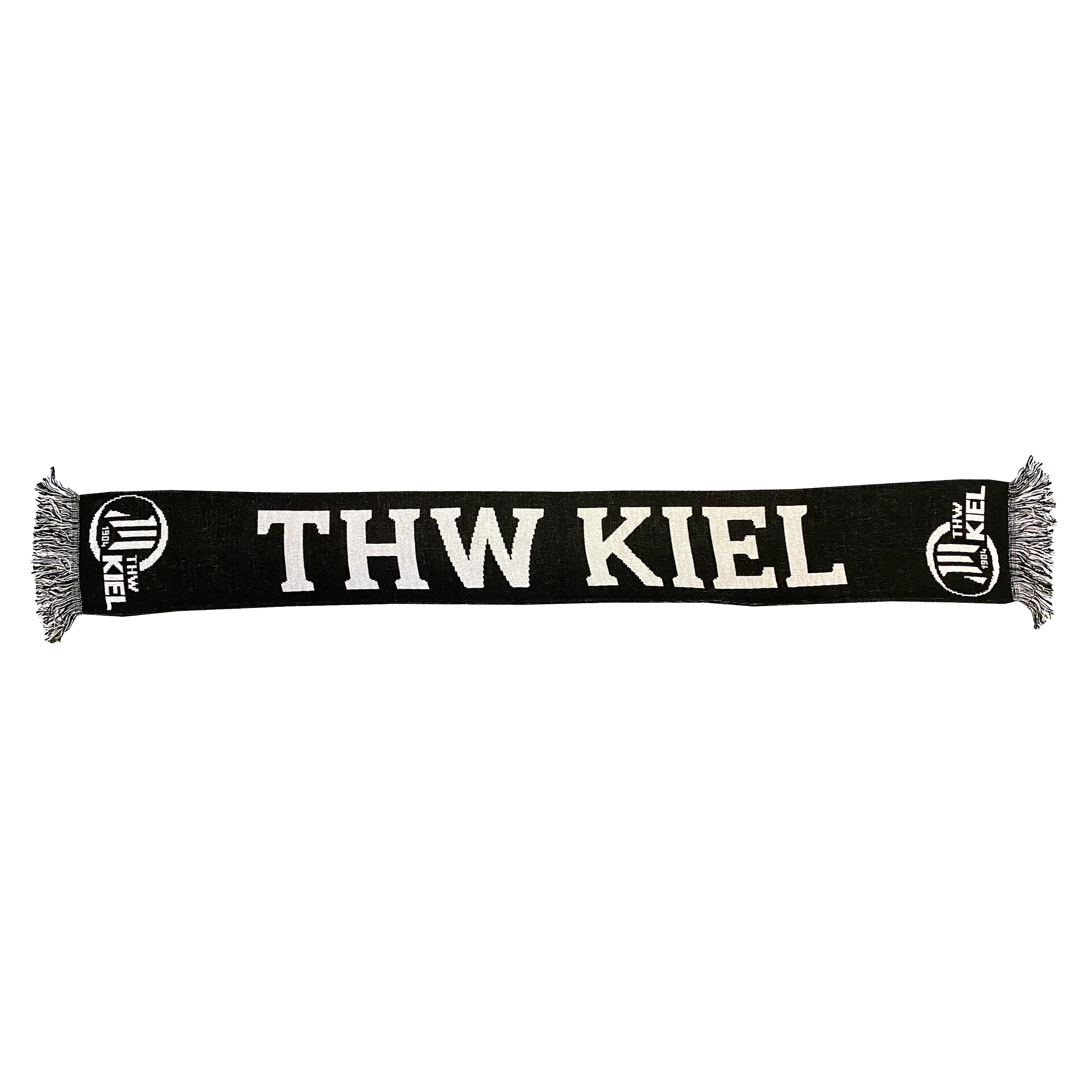 Der Schal Classic THW KIEL in Schwarz mit weißen Fransen, großem THW KIEL Schriftzug und runden Logos an den Enden - das ideale Fanaccessoire für echte Anhänger.