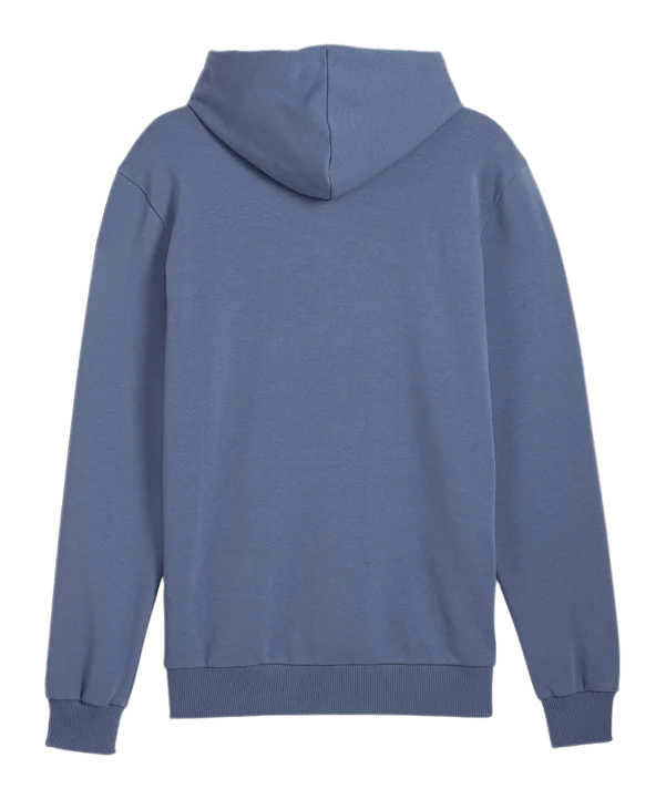 Der PUMA Handball Hoodie Blue Horizon wird von hinten gezeigt und hat lange Ärmel, eine Kapuze sowie gerippte Bündchen und Saum. Dieser schlichte Hoodie hat keine sichtbaren Designs, Logos oder Muster.