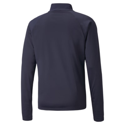 Das teamLIGA 1/4 Zip Top in PUMA Navy ist eine langärmelige Trainingsjacke mit hohem Kragen und einem cleanen, logofreien Design, die von hinten gezeigt wird.