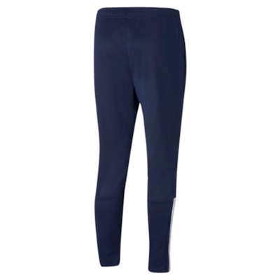 Sportliche teamLIGA Trainingshose in PUMA Navy, von hinten gesehen, mit elastischem Bund, schmaler Passform, schmal zulaufendem Bein und praktischen Reißverschlüssen am Knöchel.