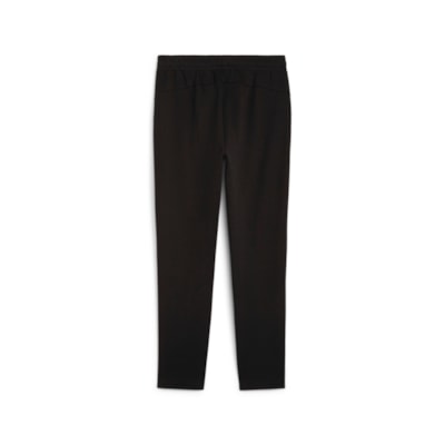 Die teamFINAL Casuals Pants in PUMA Black aus Baumwolle liegen flach auf weißem Hintergrund und zeigen ein schlichtes, langes Design mit elastischem Bund.