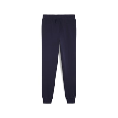 TeamGOAL Casuals Hose PUMA Navy: Marineblaue Baumwollhose mit elastischem Bund und gerippten Bündchen an den Knöcheln, flach auf weißem Hintergrund präsentiert.