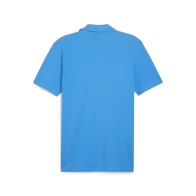 Das teamGOAL Casuals Polo Ignite Blue, ein kurzärmeliges Hemd aus Baumwolle in Piqué-Optik, zeigt sich von hinten auf weißem Grund.