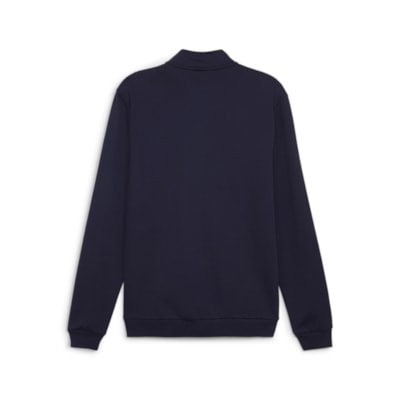 Das teamGOAL Casual Tracktop in PUMA Navy ist von hinten abgebildet. Dieses schlichte, langärmelige Sweatshirt besteht aus weichem Polyester, hat einen Rundhalsausschnitt sowie gerippte Bündchen und Saum.