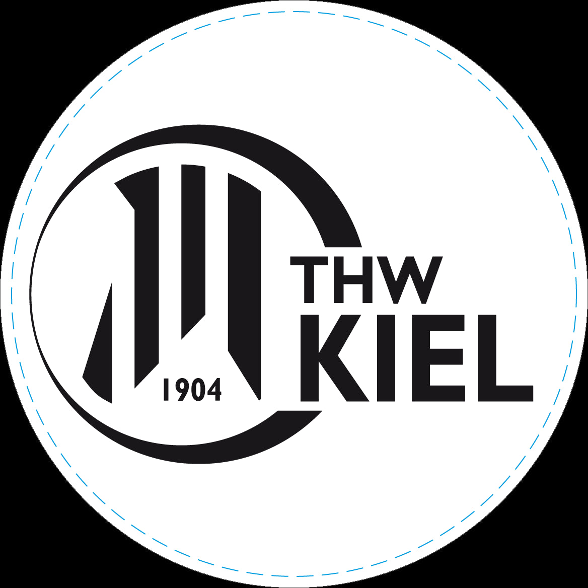 Schwarz-weißer Aufkleber THW Kiel Logo innenklebend schwarz mit fettem "THW KIEL", der Jahreszahl 1904 und einem kreisförmigen Rand - ideal als Autoscheibenaufkleber für Fans.