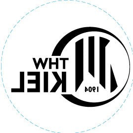 Ein kreisförmiger schwarz-weißer "Aufkleber THW Kiel Logo innenklebend schwarz" zeigt vertikale Balken, die Zahl 1904 und den gespiegelten Text KIEl WHT. Sein Bild erscheint horizontal gespiegelt.