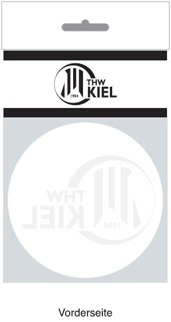 Ein Verkaufsverpackungs-Mockup mit dem THW Kiel Logo oben mittig und einem großen, schwachen Logo-Aufkleber in der Mitte. Unten erscheint die "Vorderseite" - ideal für die Präsentation des Aufklebers THW Kiel Logo innenklebend schwarz oder Autoscheibenaufkleber.