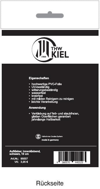 Schwarz-weiße Verpackung für den Aufkleber THW Kiel Logo innenklebend schwarz, mit UV-Beständigkeit, Haltbarkeit, Barcode, Produktinfo, "made in Germany" und "Rückseite". Ideal als Logoaufkleber für Fans.