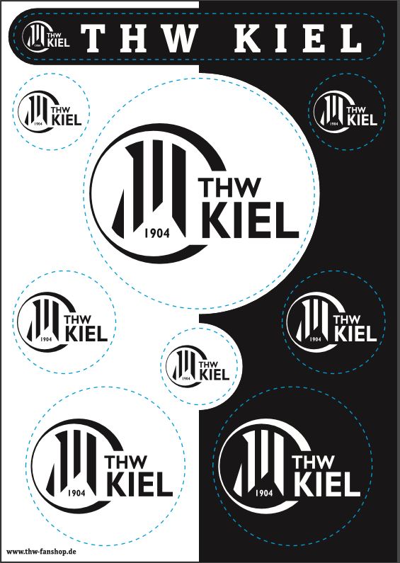 Die Aufkleberkarte THW Kiel Logo schwarz-weiß enthält eine Auswahl an schwarz-weißen, wetterfesten Aufklebern mit kreisförmigen THW Kiel 1904 Motiven, die auf einem passenden einfarbigen Hintergrund abgebildet sind.