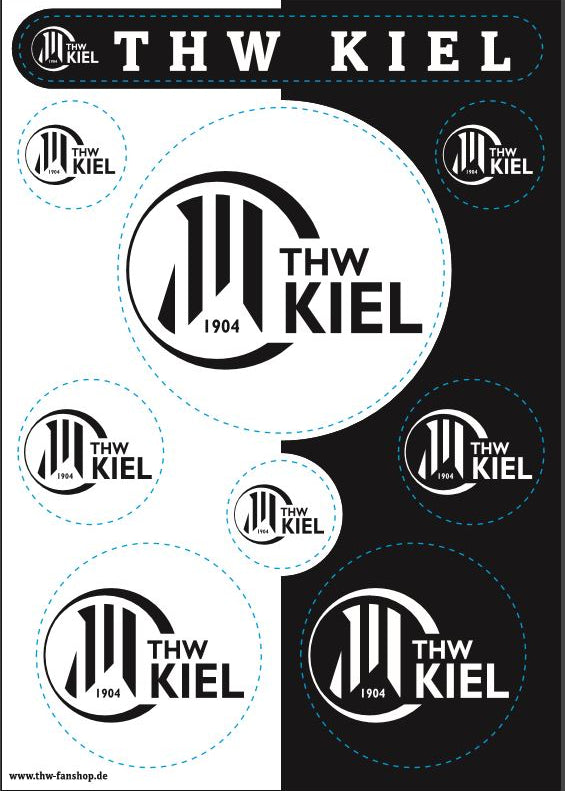 Die Aufkleberkarte THW Kiel Logo schwarz-weiß enthält eine Auswahl an schwarz-weißen, wetterfesten Aufklebern mit kreisförmigen THW Kiel 1904 Motiven, die auf einem passenden einfarbigen Hintergrund abgebildet sind.
