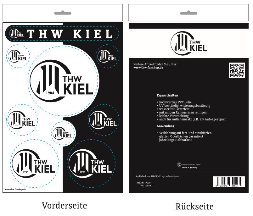 Die Aufkleberkarte THW Kiel Logo schwarz-weiß zeigt auf der Vorderseite kreisrunde Aufkleber des Handballvereins mit dem THW Kiel Logo und einer stilisierten 1904 sowie auf der Rückseite Produktinfos, Features und einen QR-Code.