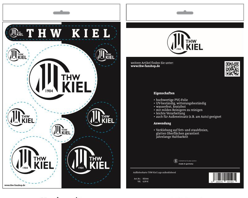 Die Aufkleberkarte THW Kiel Logo schwarz-weiß zeigt auf der Vorderseite kreisrunde Aufkleber des Handballvereins mit dem THW Kiel Logo und einer stilisierten 1904 sowie auf der Rückseite Produktinfos, Features und einen QR-Code.