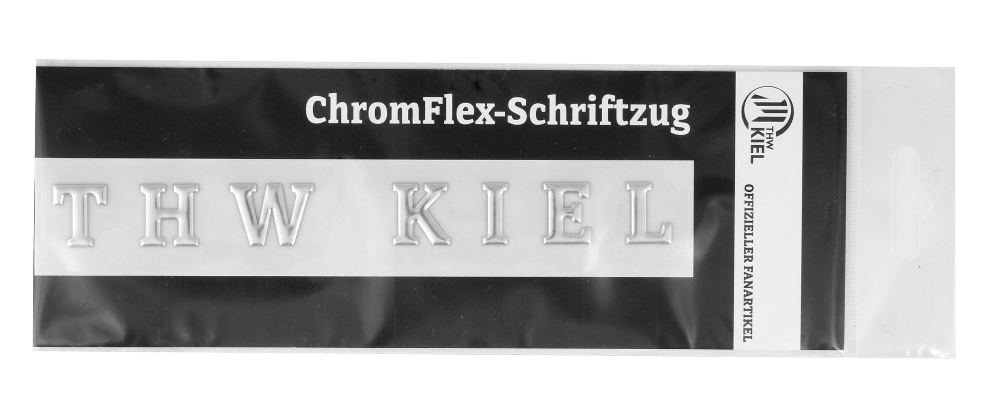 Eine Verpackung mit der Aufschrift Autoaufkleber Chromflex THW KIEL silber enthält verchromte 3D-Effekt-Buchstaben mit dem Schriftzug THW Kiel, die als offizieller Fanartikel gekennzeichnet sind und das Logo des THW Kiel auf der rechten Seite der Verpackung tragen.