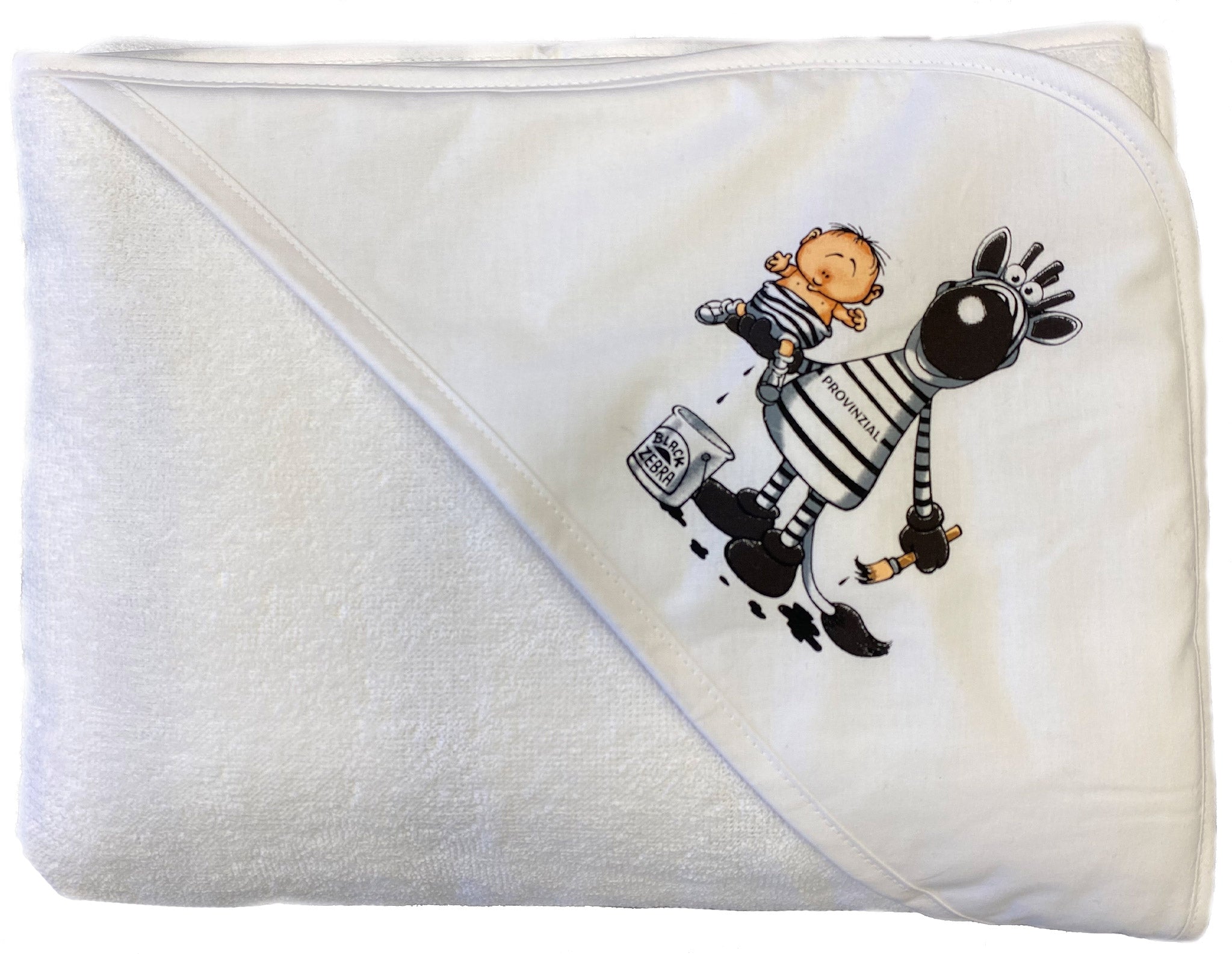 Das Baby Badetuch gestreift mit Hein Daddel Motiv ist ein weißes Kapuzen-Babyhandtuch mit Cartoon-Zebra Hein Daddel, perfekt als Geschenk für kleine THW Kiel Fans oder für kuscheligen Badespaß!.