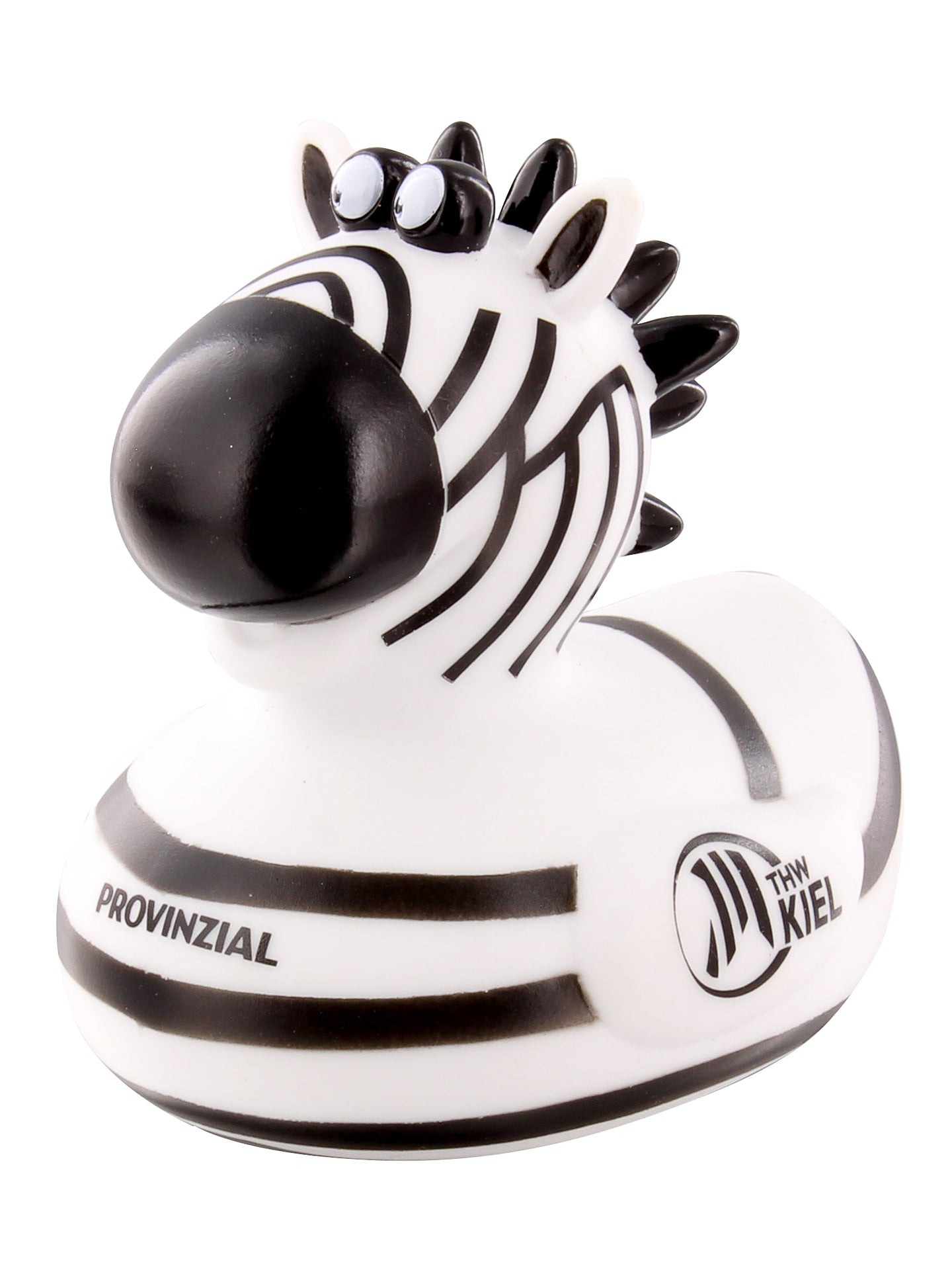 Die Badeente Hein Daddel ist eine Gummiente im Zebra-Stil mit schwarz-weißen Streifen, schwarzer Mähne und Provinzial & THW Kiel Logos - ideal für THW-Fans, die mit diesem einzigartigen Fanartikel Badespaß haben wollen.