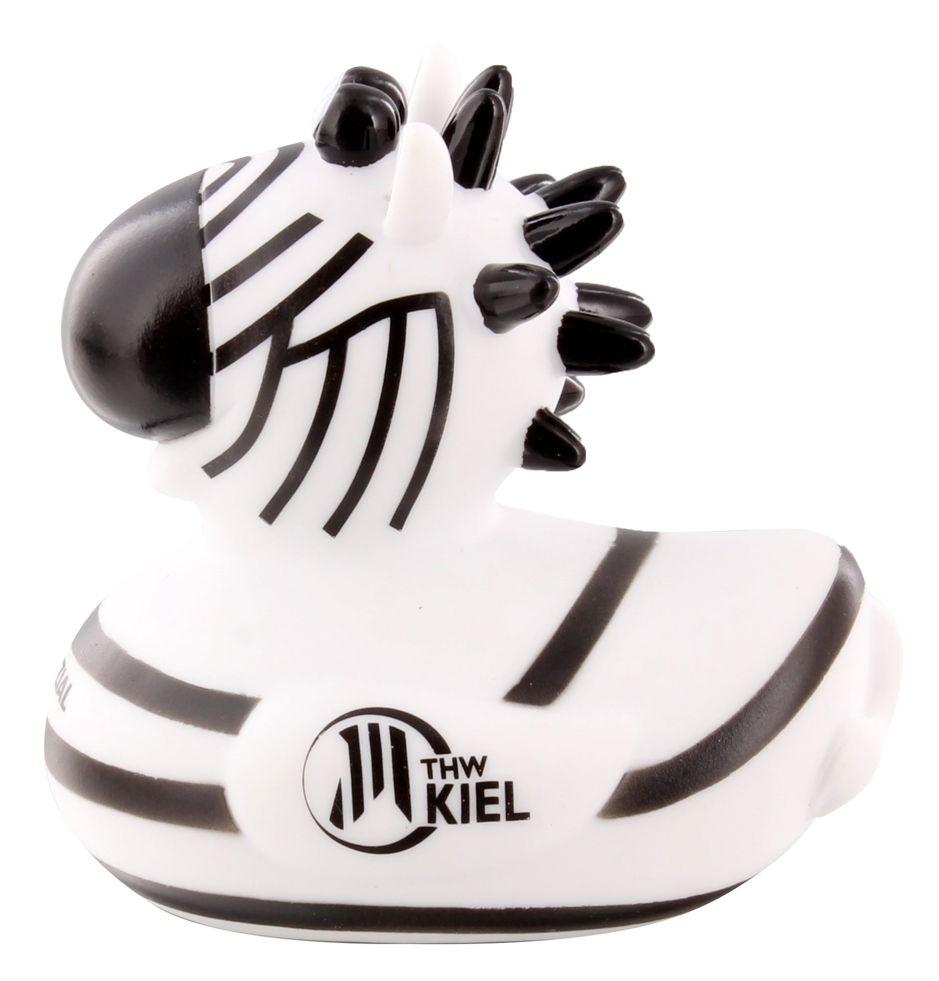 Die Badeente Hein Daddel ist eine zebragestreifte Gummiente mit Stachelmähne und THW Kiel Logo - ideal für Badespaß und THW Kiel Fans.