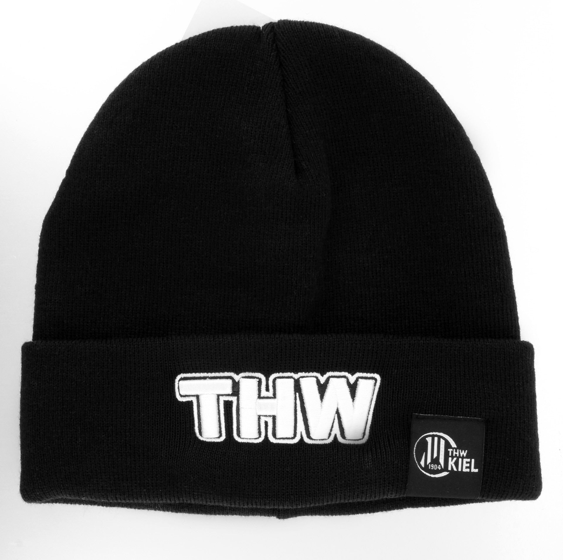 Die Beanie Bronx 3D Stick schwarz überzeugt mit großem weißen "THW" auf der Front und kleinem Patch mit "THW Kiel" und Logo am Umschlag-die perfekte, warme Mütze für echte Fans.
