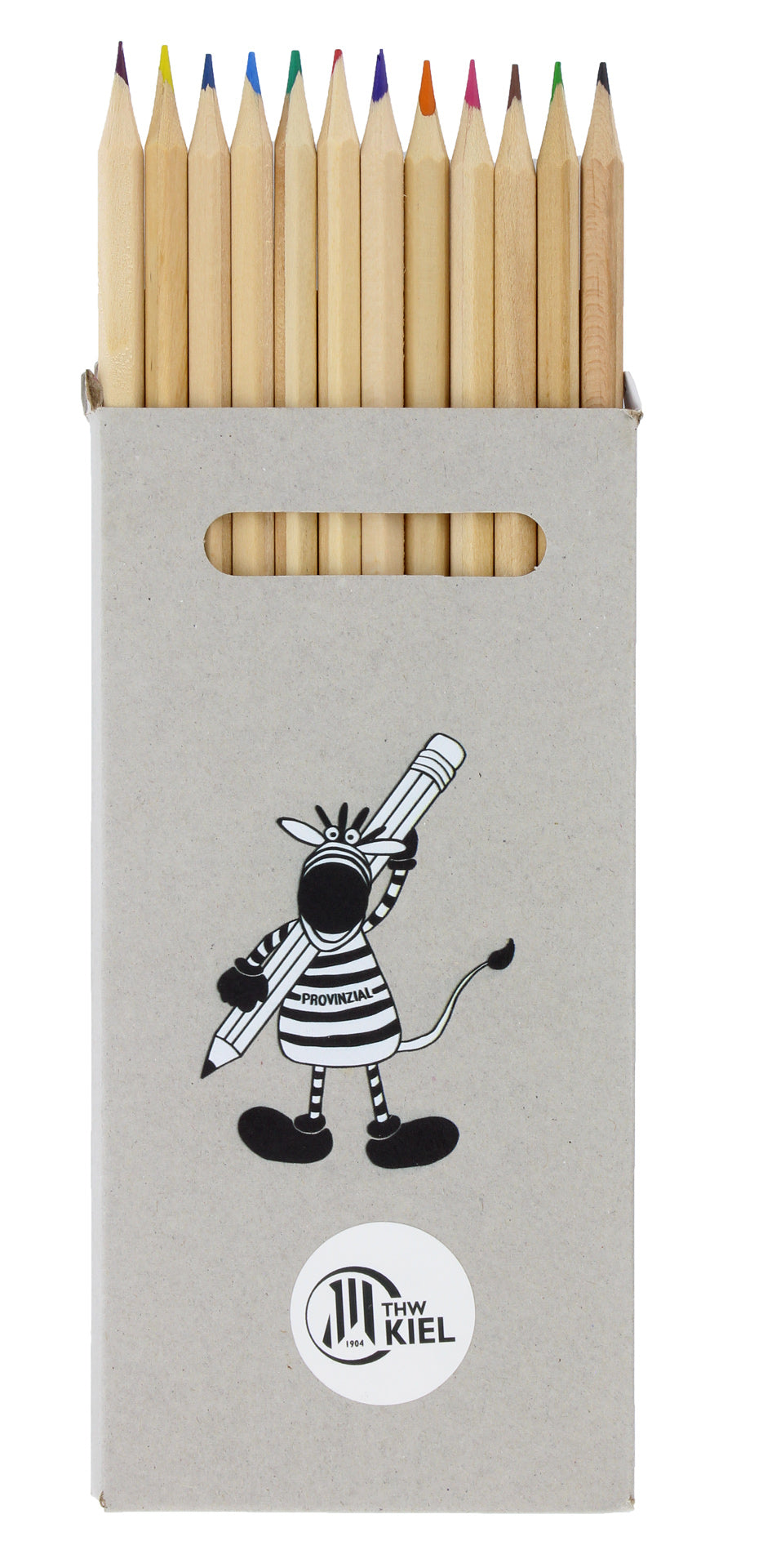 Die Buntstifte 12er Packung enthält 12 Buntstifte - ideal für den Schulbedarf. Die Schachtel zeigt ein Cartoon-Zebra mit einem großen Bleistift in einem PROVIMAX-Shirt und hat ein rundes TSV KIEL-Logo am unteren Rand.