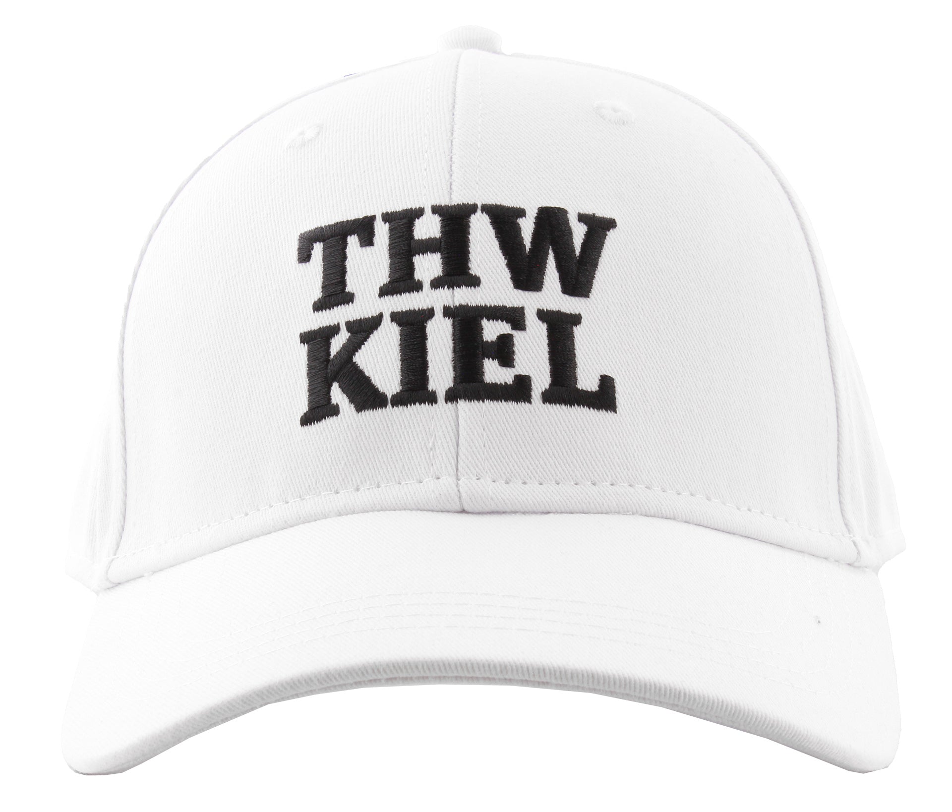 Die Cap weiß ist aus 100% Baumwolle gefertigt und mit "THW KIEL" auf der Vorderseite gestickt.