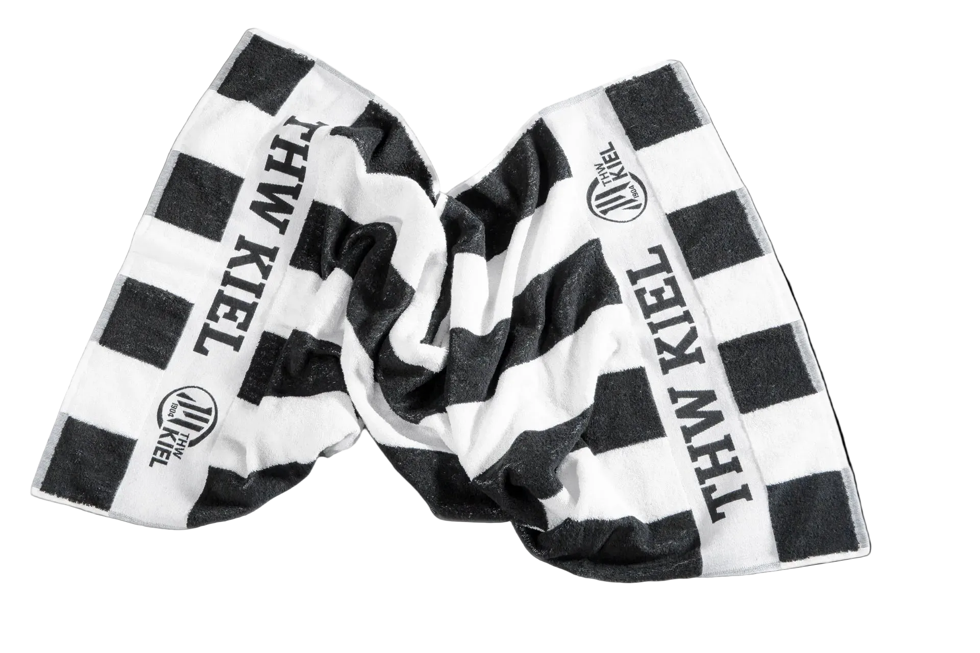 Ein schwarz-weißes Duschtuch Blockstreifen schwarz (70 x 140 cm) mit THW KIEL-Schriftzug und Vereinslogo - ideal als THW-Fangeschenk - auf weißem Hintergrund.