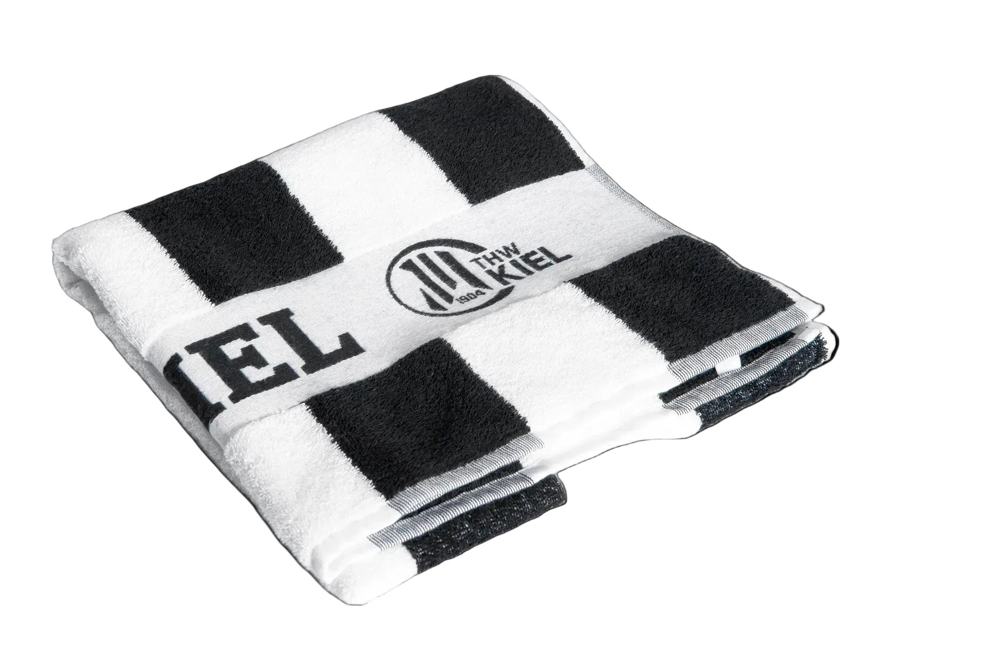 Ein gefaltetes Duschtuch Blockstreifen schwarz 70 x 140cm mit klassischen schwarz-weißen Streifen, Vereinslogo und Text - ideal als Handtuch schwarz-weiß oder als THW Fan Geschenk. Auf einfarbig weißem Hintergrund.