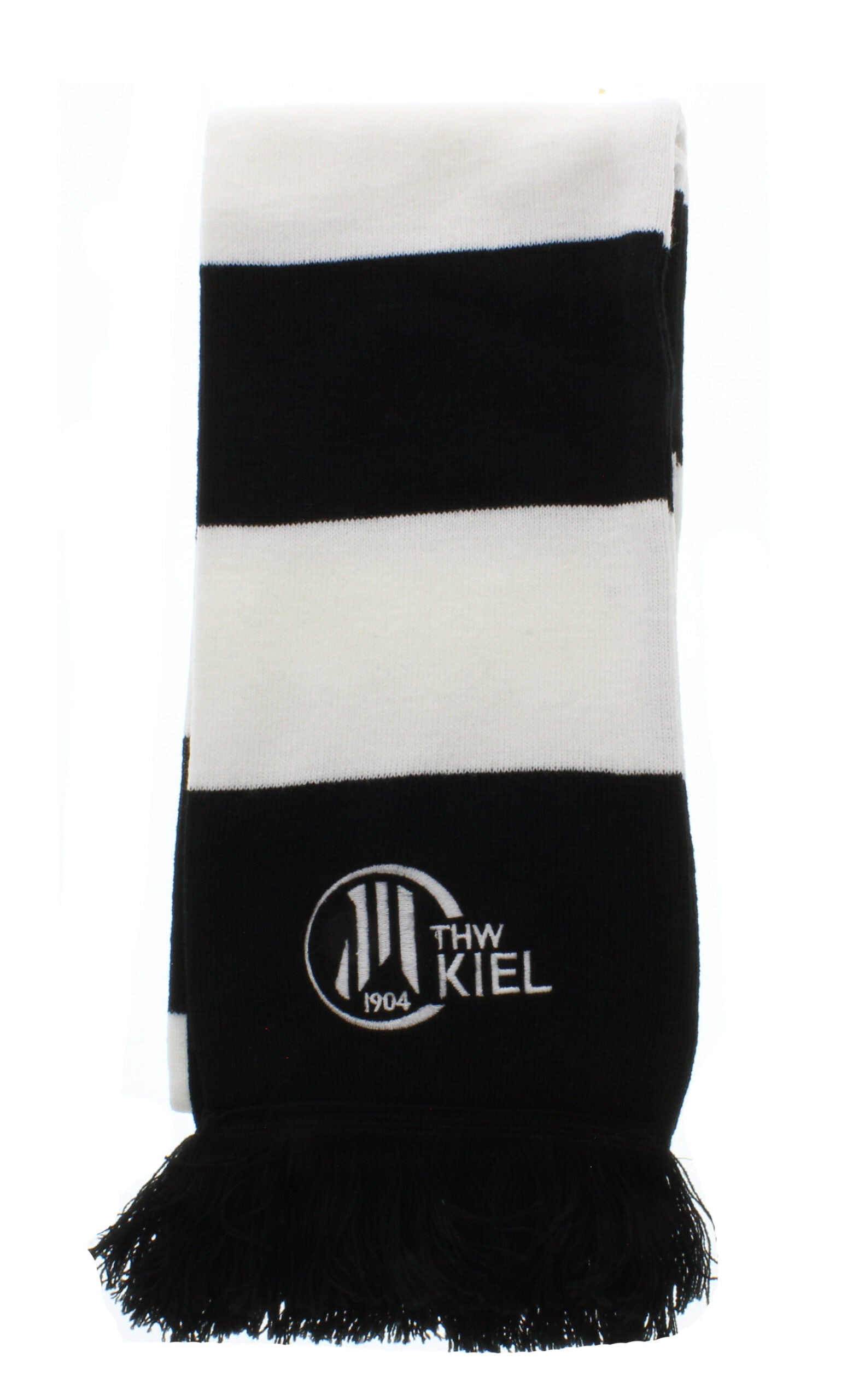 Der Schal Blockstreifen schwarz-weiß mit schwarzen Fransen, THW Kiel Logo und der Jahreszahl 1904 ist das perfekte Fanartikel für echte Zebra-Fans.