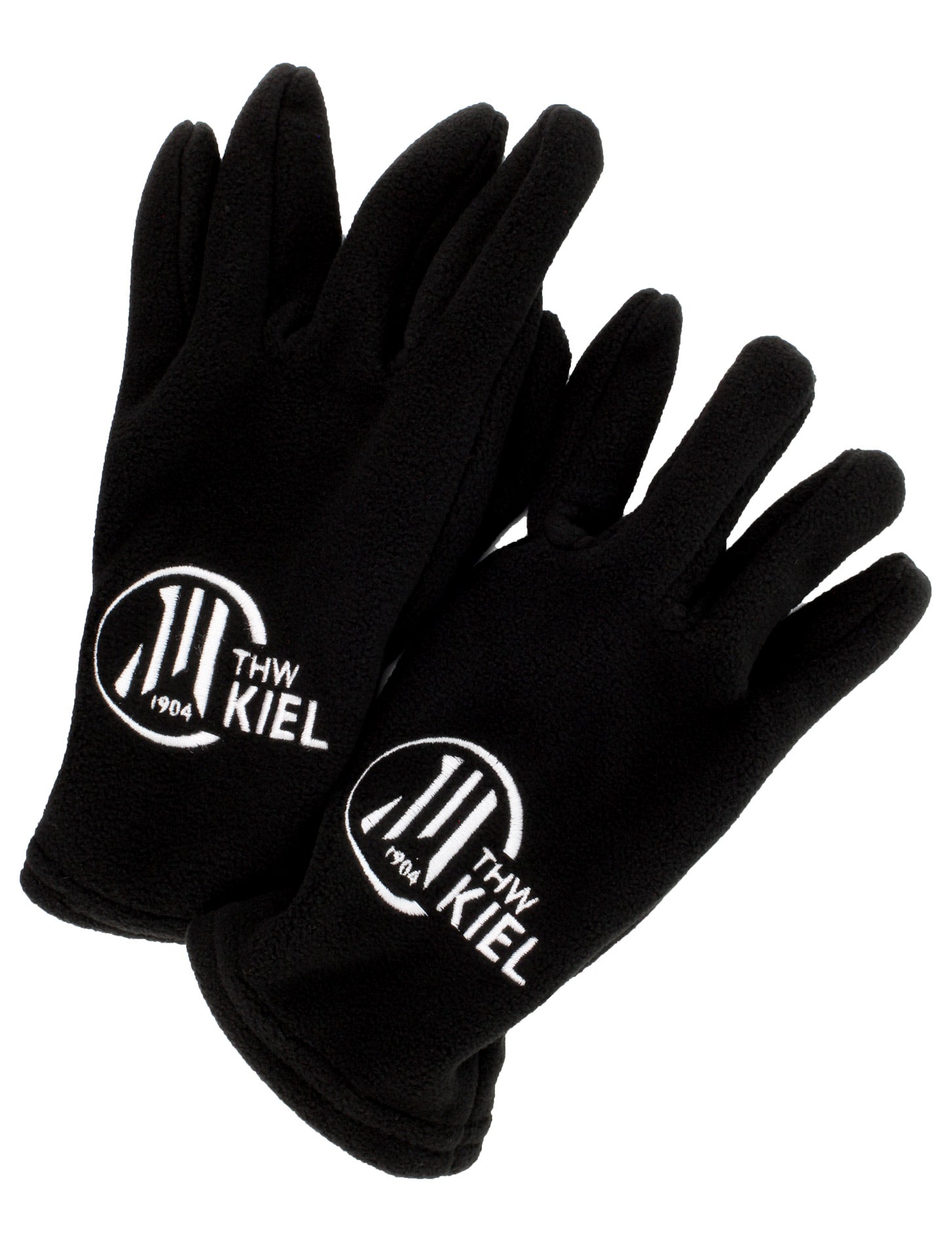 Die Fleece Handschuhe Logo halten deine Hände an kalten Tagen warm und zeigen das THW Kiel Logo sowie "1904" in Weiß auf dem Handrücken.