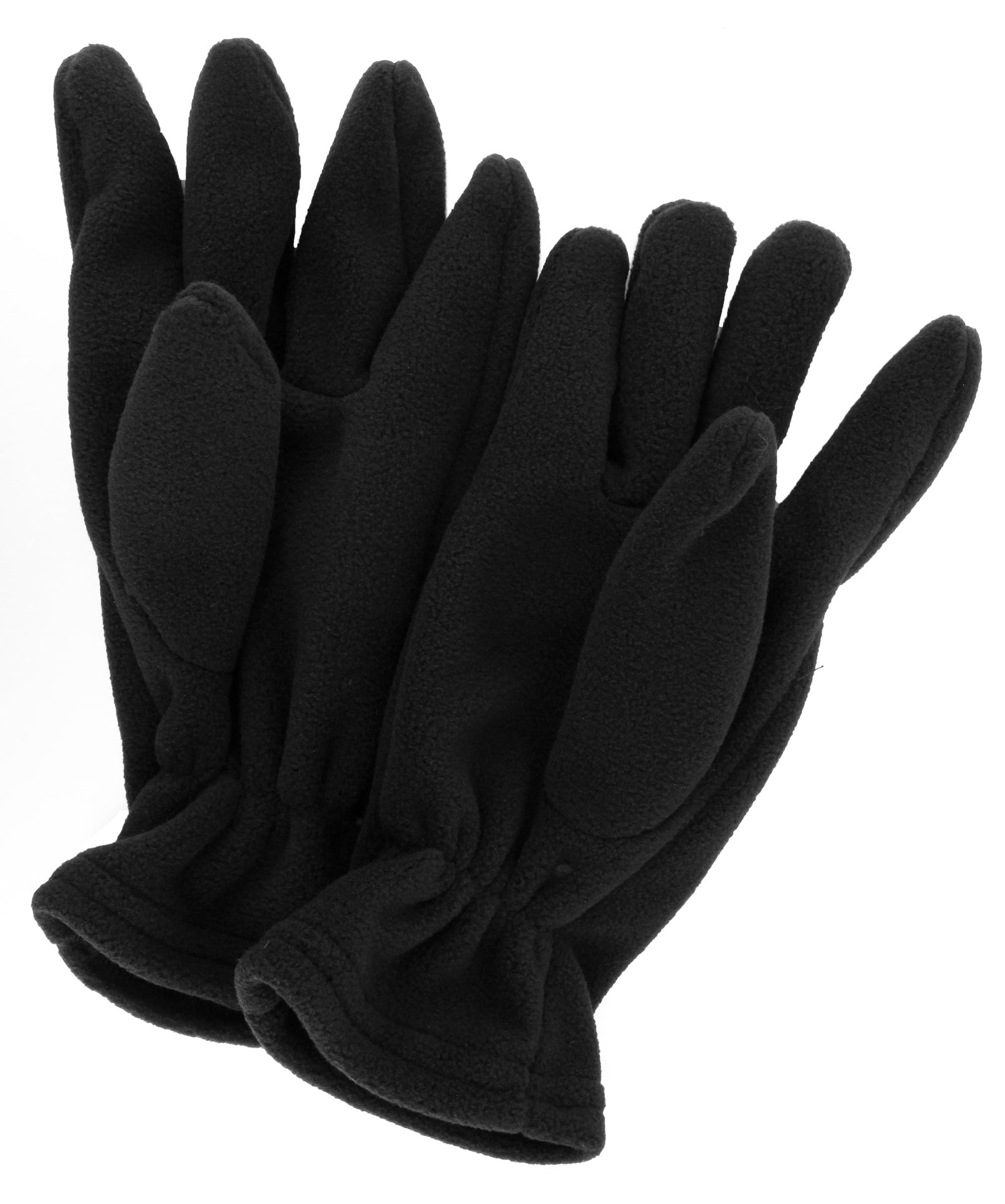 Ein Paar schwarze Fleece-Handschuhe mit Logo und weicher Textur auf weißem Grund - ideal, um die Hände warm und kuschelig zu halten.