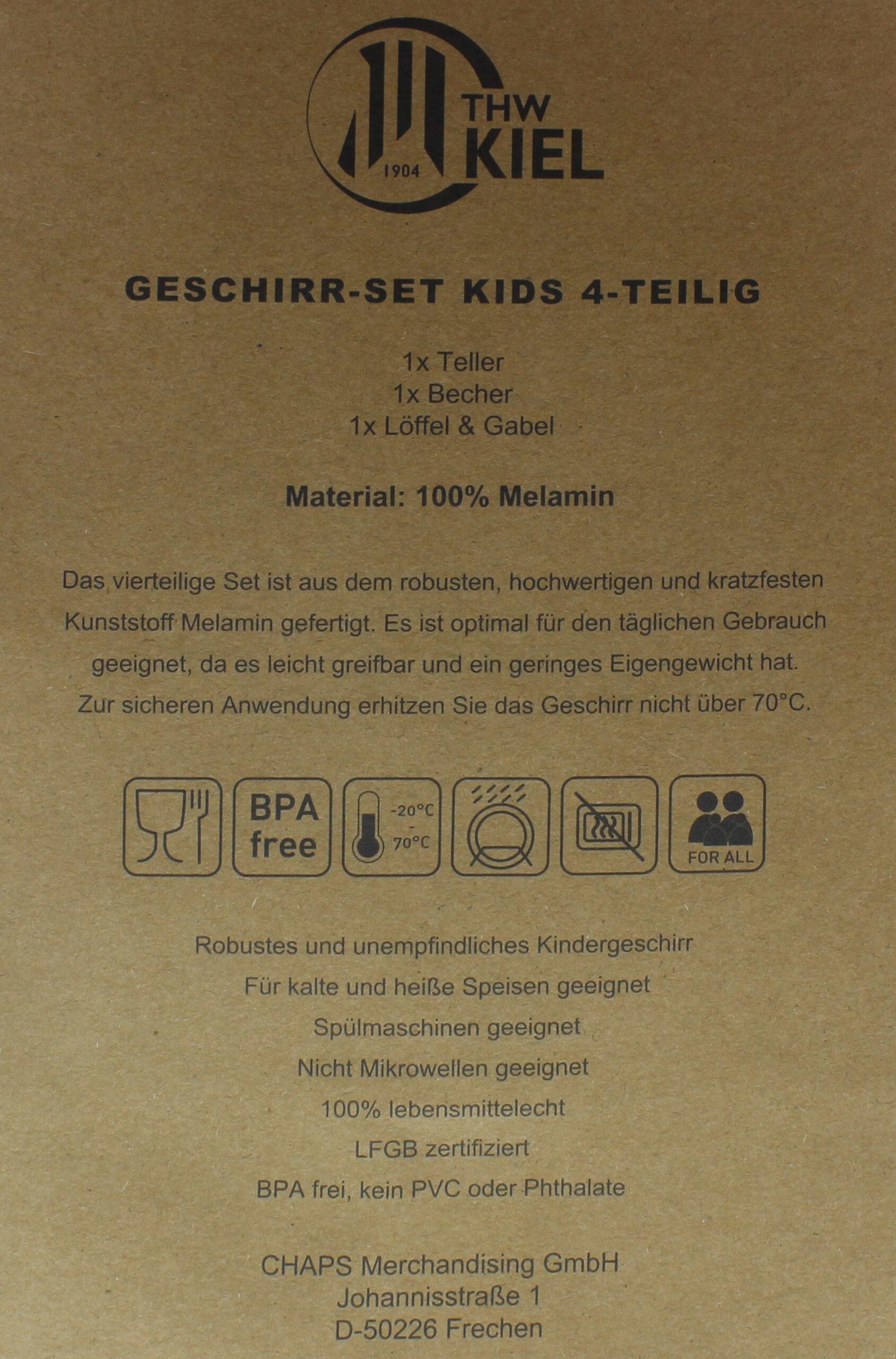 Die beigefarbene Verpackung des Geschirr-Set Kids 4-teilig weiß-schwarz enthält einen Teller, eine Tasse, einen Löffel und eine Gabel aus 100% Melamin. Sicherheitsinformationen, Haltbarkeit und Herstellerangaben sind auf der Verpackung aufgedruckt.