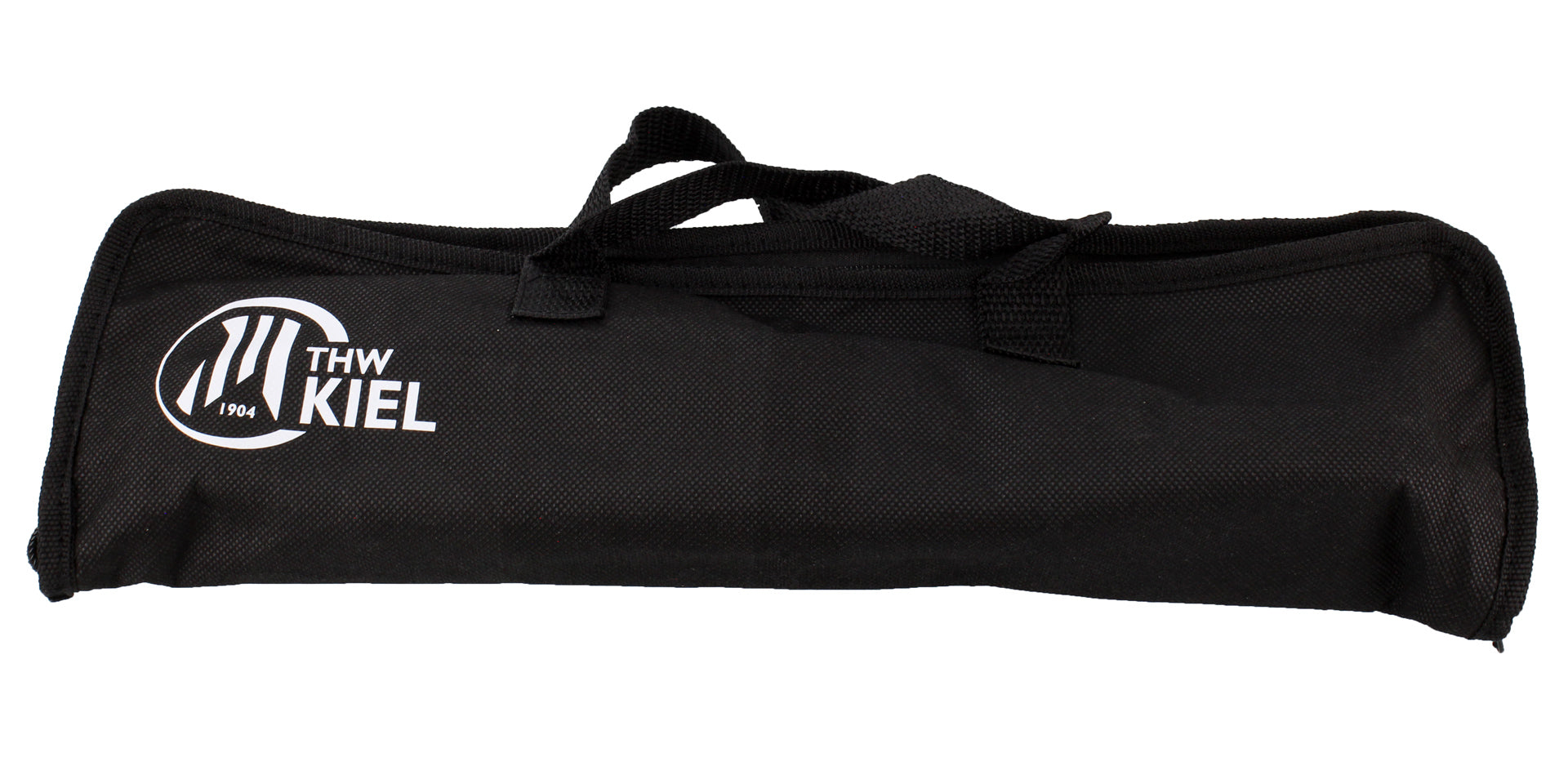 Schwarze Reißverschlusstasche mit dem THW Kiel-Logo und dem weißen Schriftzug "1904" an der Seite, mit zwei Tragegriffen für den einfachen Transport - ideal zur Aufbewahrung des Grillbesteck-Sets 3-teilig.