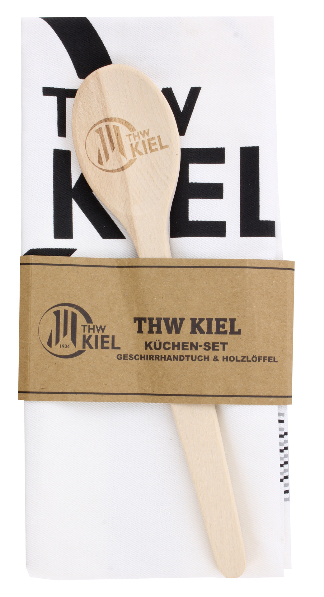 Das Küchen-Set besteht aus einem hölzernen Holzkochlöffel und einem weißen Geschirrhandtuch mit "THW KIEL"-Branding, verpackt mit einem braunen Kartonetikett mit der Aufschrift "THW KIEL KÜCHEN-SET GESCHIRRTUCH & HOLZLÖFFEL" und dem THW-Logo.