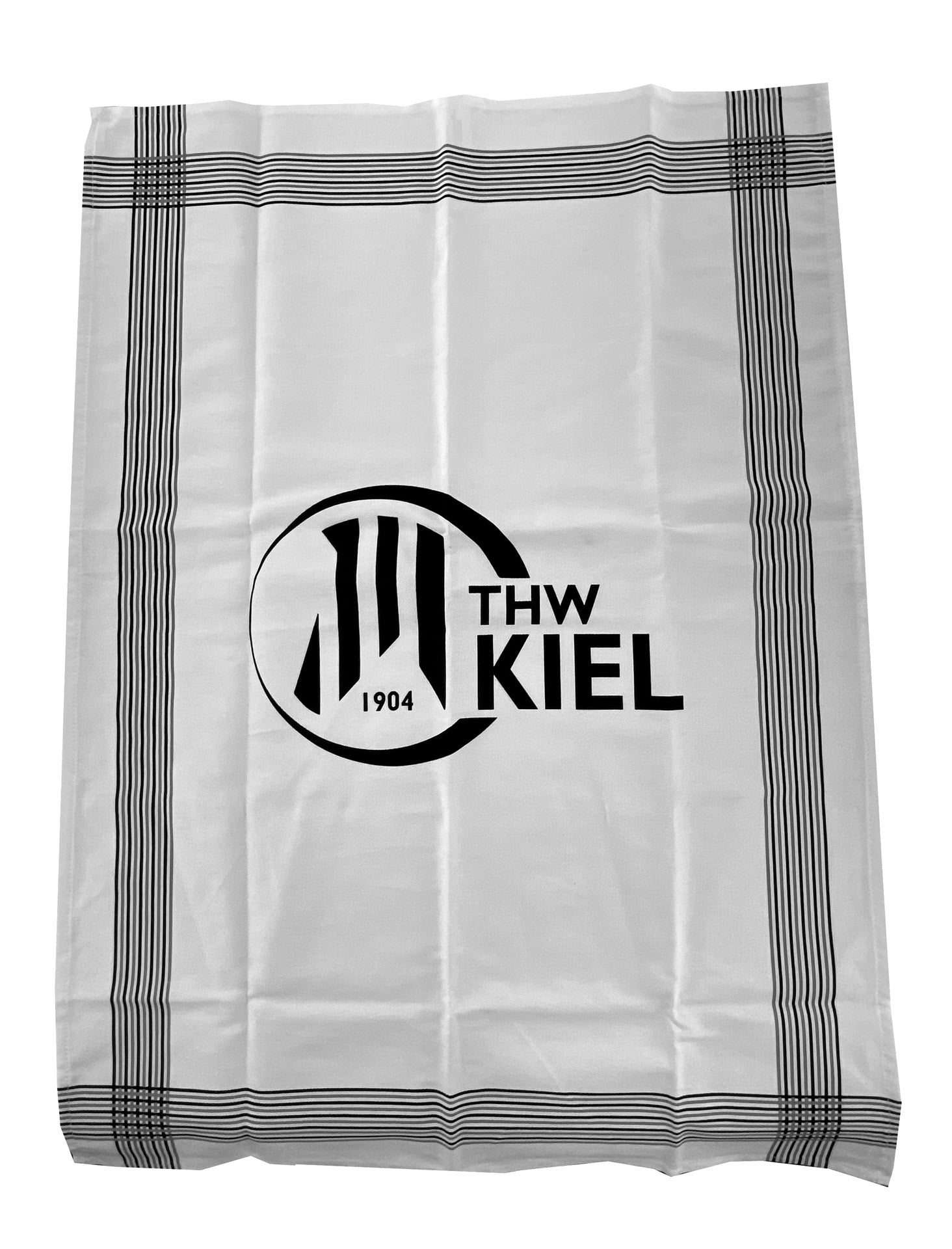 Das Küchen-Set besteht aus einem weißen Geschirrhandtuch mit schwarzen Randstreifen und einem zentralen "THW KIEL 1904"-Logo, das durch stilisierte schwarze Linien innerhalb eines Kreises hervorgehoben wird.