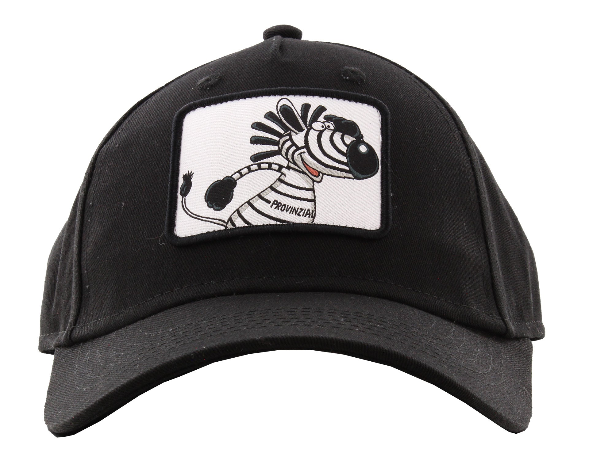 Die Kids Cap Hein Daddel schwarz ist eine schwarze Mütze mit einem Aufnäher eines lächelnden Zebras in Streifen und dem Schriftzug PROVINCIAL" darunter - ideal für Fans des beliebten Maskottchens Hein Daddel des THW Kiel.