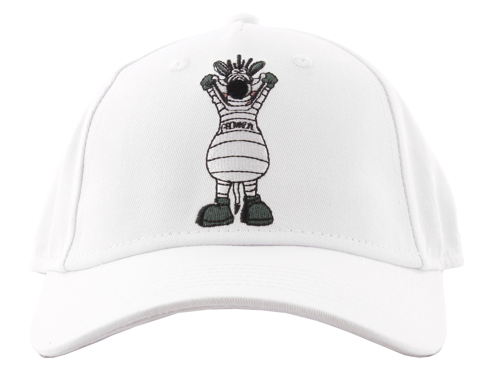 Eine weiße Kindermütze von Hein Daddel mit einem gestickten Cartoon-Zebra im gestreiften Outfit und erhobenen Armen.