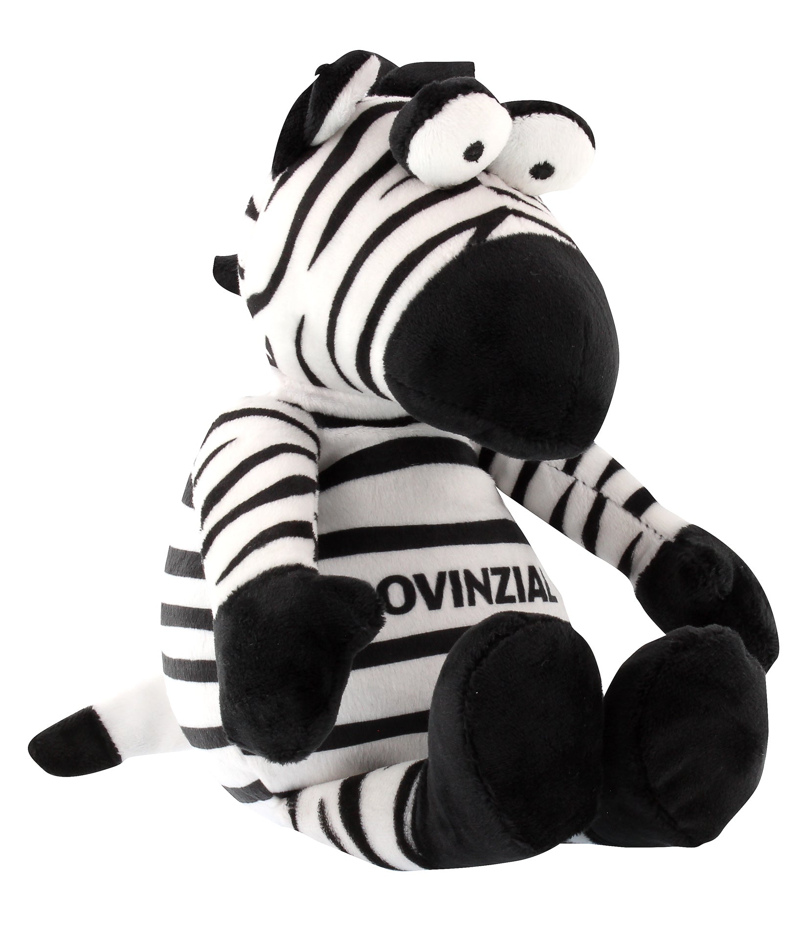 Das Maskottchen Hein Daddel 30cm ist ein Plüsch-Zebra mit schwarz-weißen Streifen, großen runden Augen, OVINZIA auf der Brust und sitzt aufrecht mit ausgestreckten Armen und Beinen, inspiriert vom berühmten Maskottchen des THW Kiel.