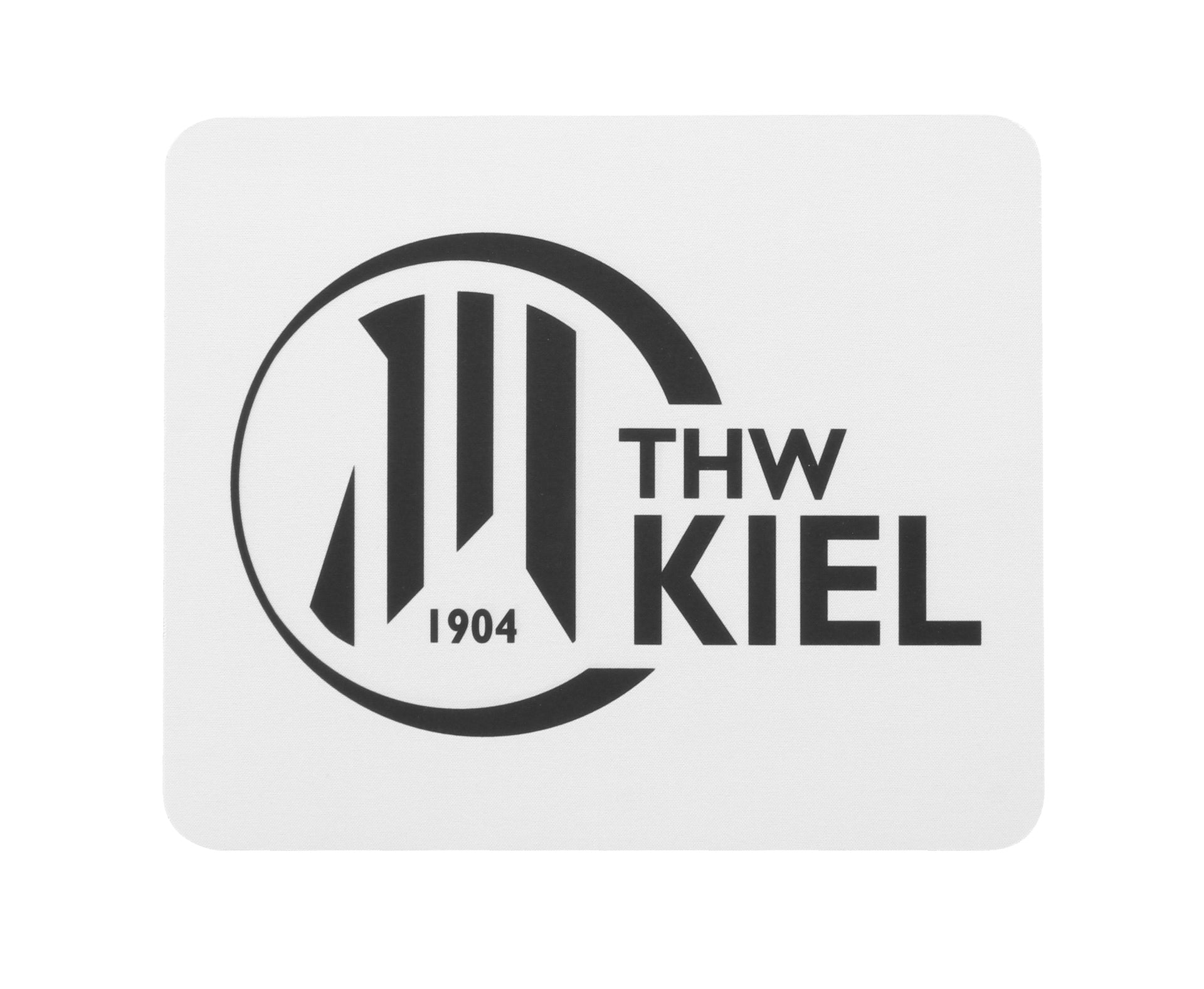 Das Mousepad weiß zeigt das schwarz-weiße kreisförmige Logo des THW Kiel mit stilisiertem Schriftzug und "1904" und ist damit perfekt für Fans des deutschen Handballvereins.