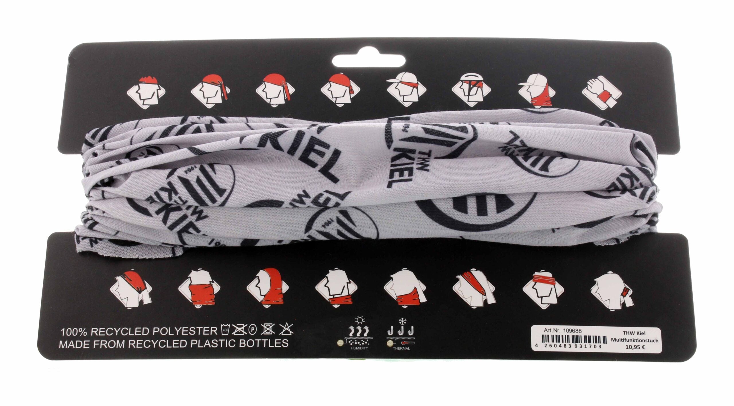 Das Multifunktionstuch schwarz aus recyceltem Polyester ist mit schwarzem THW Kiel Schriftzug und Logo auf schlichter schwarzer Verpackung abgebildet und kann als Stirnband, Gesichtsmaske oder Halskrause getragen werden.
