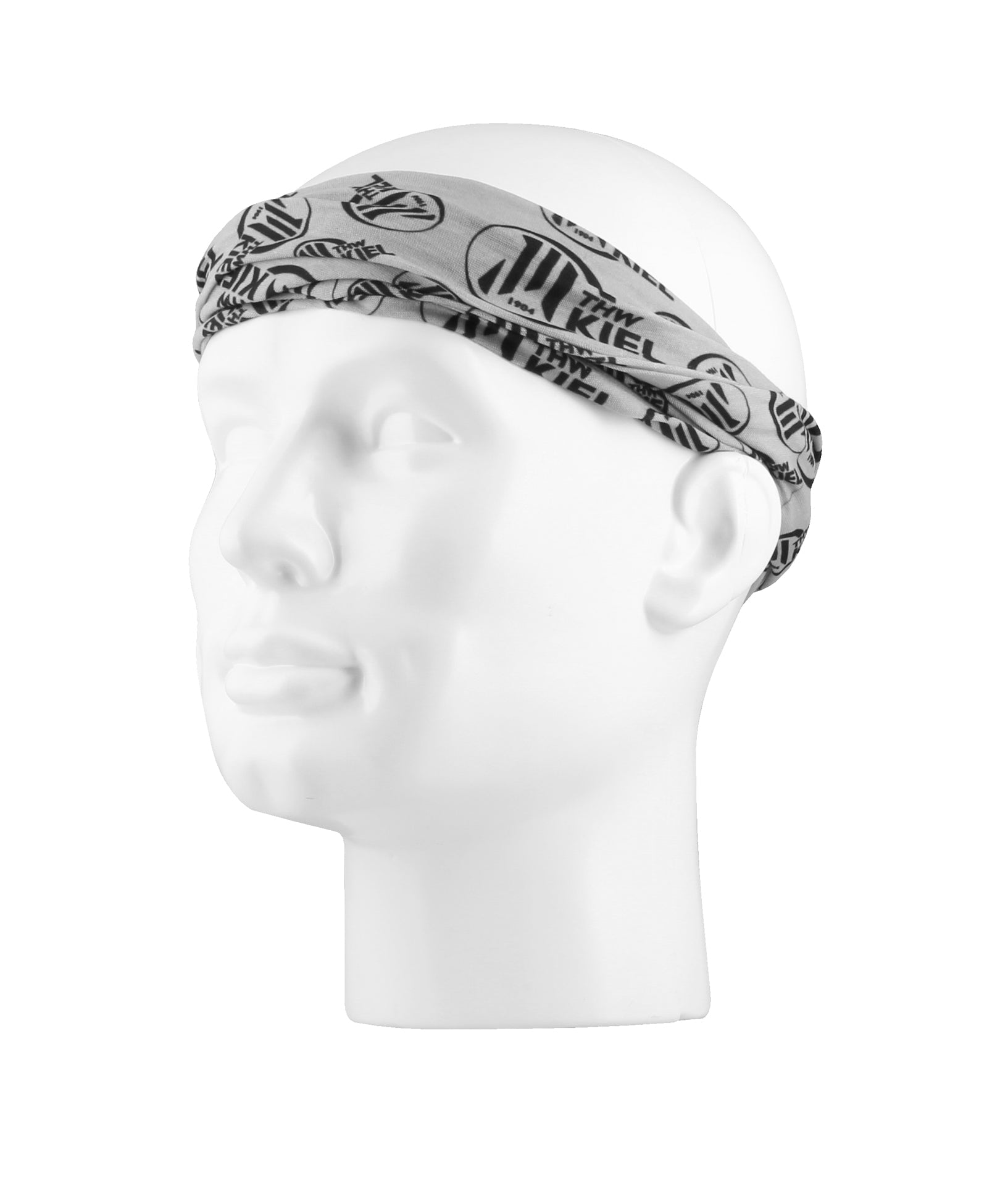 Ein weißer Puppenkopf trägt ein Multifunktionstuch schwarz aus recyceltem Polyester mit schwarzem Logo- und Textaufdruck, das als Stirnband über den Ohren THW-Kiel-Flair versprüht.