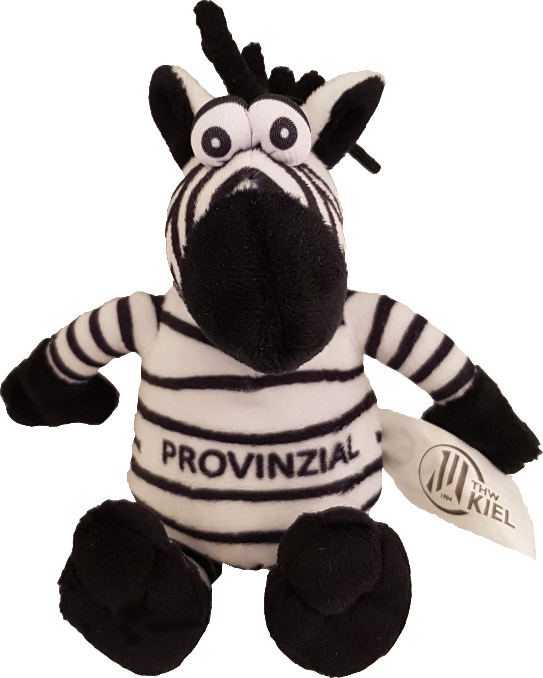 Maskottchen Hein Daddel 15cm: ein schwarz-weiß gestreiftes Zebra-Plüschtier mit PROVINZIAL auf der Brust, einem weißen THW Kiel Schild an der Seite, großen Augen und einer schwarzen Schnauze.