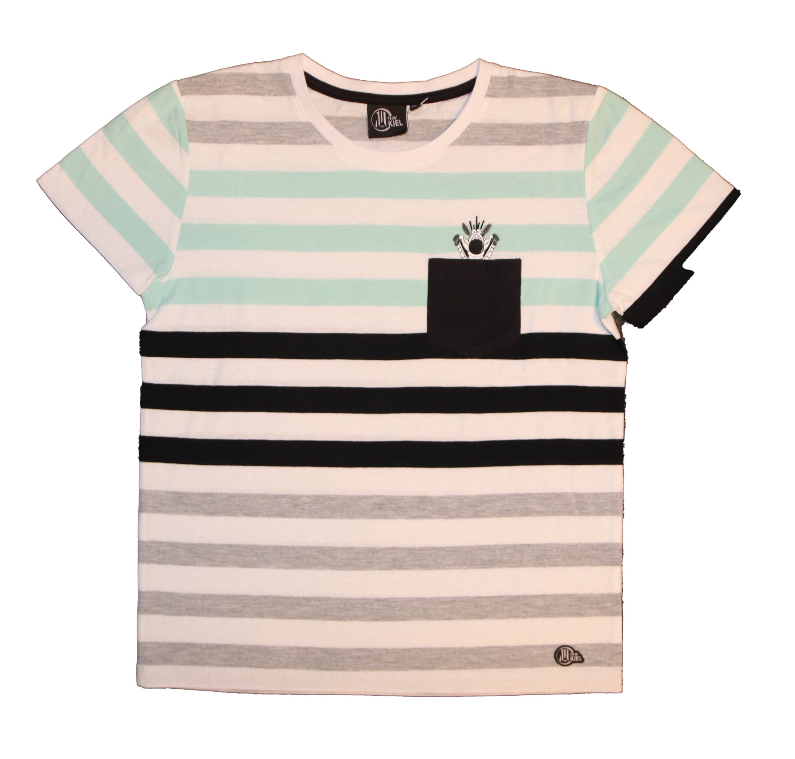 Das T-Shirt gestreift Hein Daddel Brusttasche ist ein kurzärmeliges Kinder-Shirt mit weißen, mintgrünen, grauen und schwarzen Streifen und einer kleinen gestickten schwarzen Brusttasche - perfekt, um deine THW Kiel Fanliebe zu zeigen!.