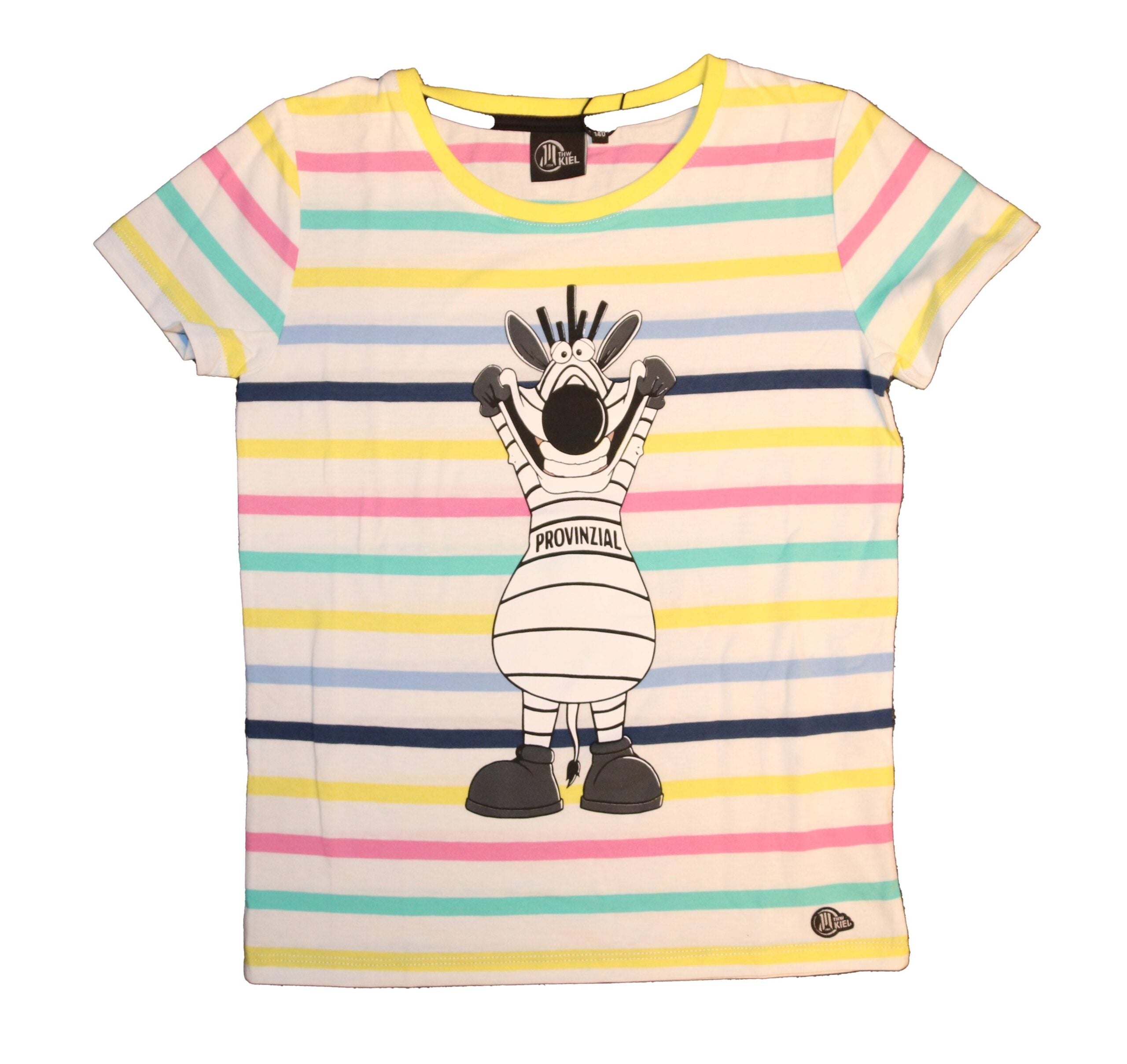 Das "Kids T-Shirt gestreift Girls Multi-Color" ist ein kurzärmeliges, weißes T-Shirt mit pastellgelben, rosa, blauen und grünen Streifen, auf dem das Cartoon-Zebra Hein Daddel mit erhobenen Armen und dem Schriftzug "PROVINZIAL" abgebildet ist.