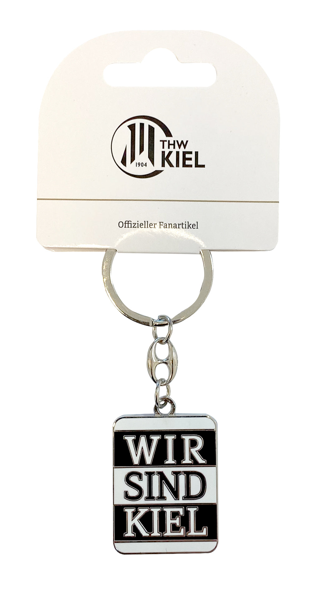 Der Schlüsselanhänger Chip ist ein offizieller THW Kiel Fanartikel mit rechteckigem "WIR SIND KIEL" Charm in Schwarz-Weiß und Clublogo auf der Verpackung - ideal als Einkaufschip für echte Fans.