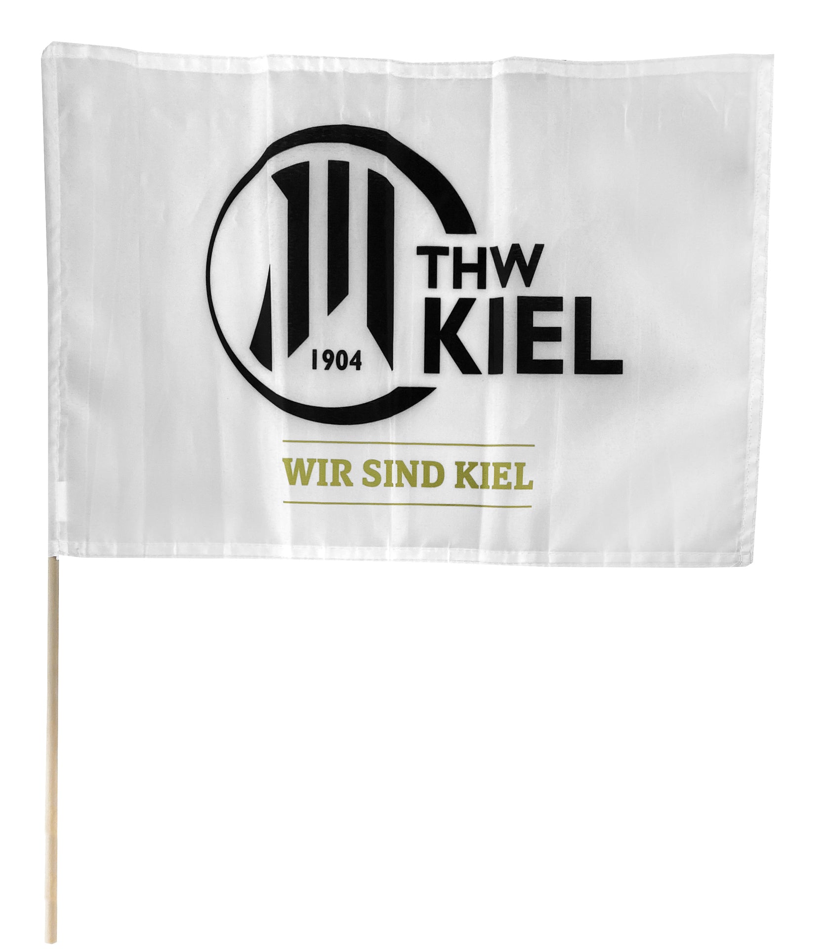 Die Stockfahne weiß 30 x 45cm zeigt ein schwarzes THW Kiel-Logo, den Schriftzug "THW Kiel 1904" und den goldenen Schriftzug "Wir sind Kiel" auf weißem Stoff, montiert auf einem Holzstab - ein unverzichtbarer Fanartikel für jeden treuen Anhänger.