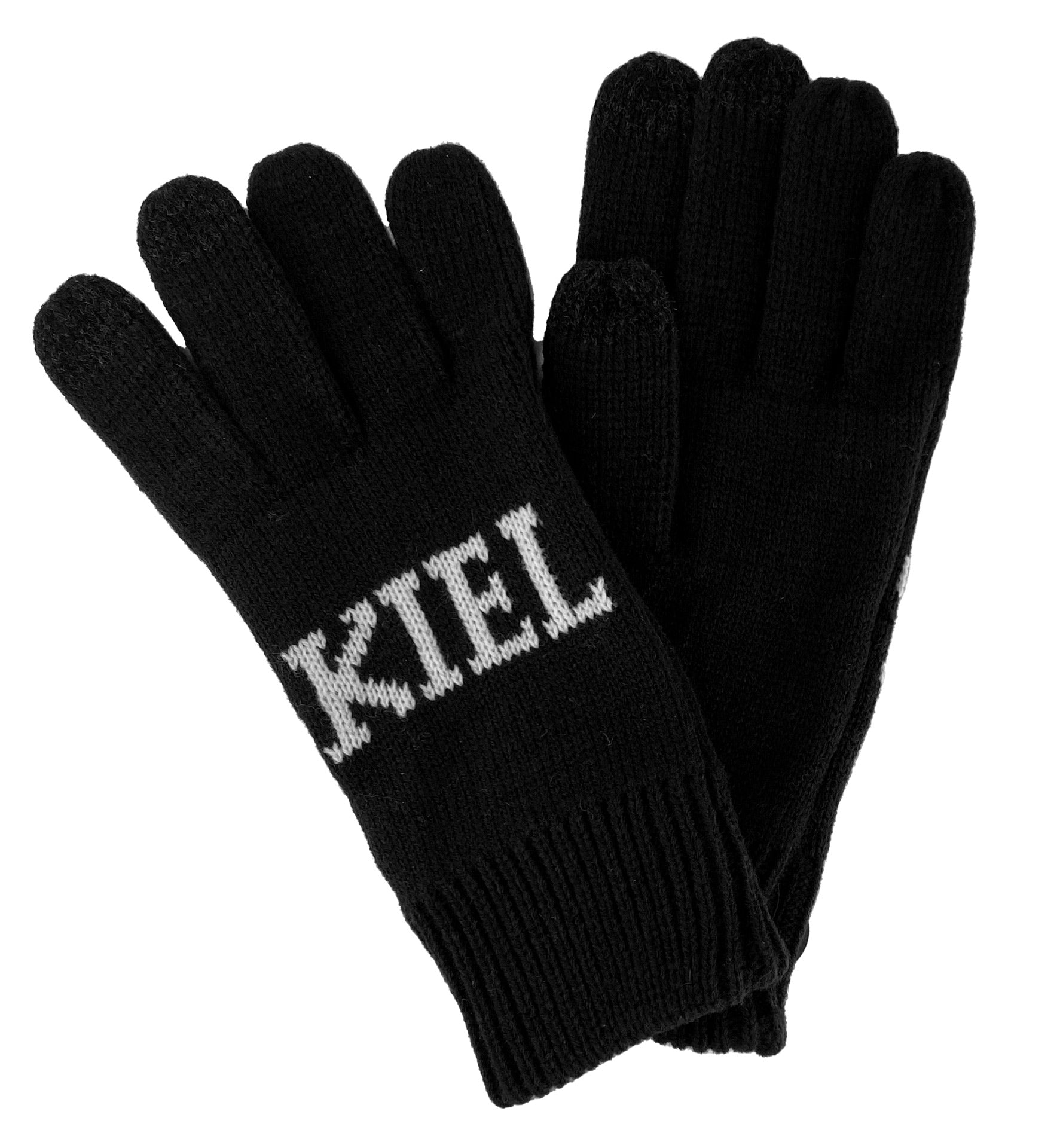 Die Strickhandschuhe "THW Kiel" sind schwarze Handschuhe mit dem weißen Schriftzug "KIEL" auf dem Rücken, ideal um die Hände warm zu halten und gleichzeitig die Unterstützung des THW Kiel zu zeigen. Abgebildet auf weißem Hintergrund.