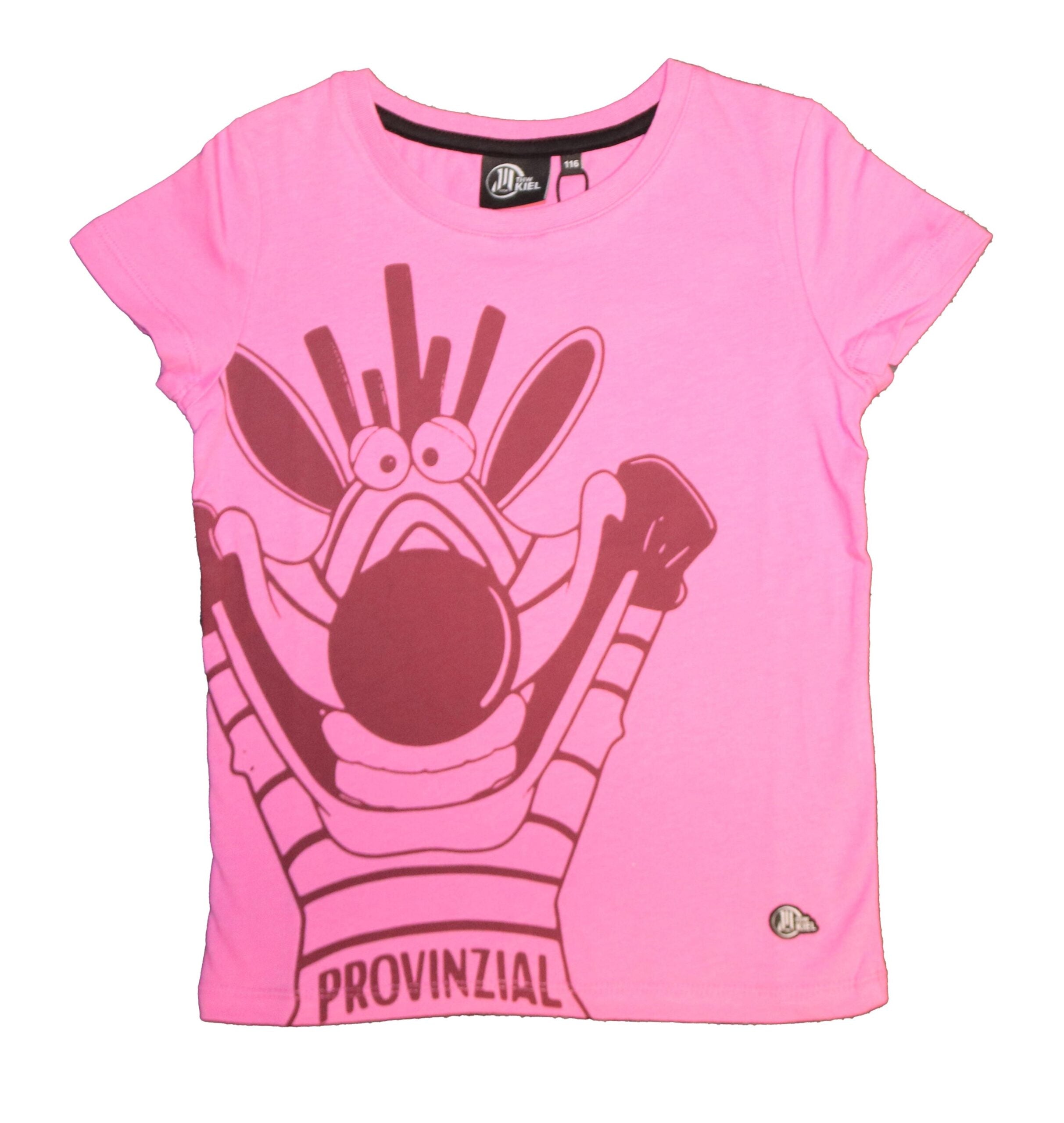 Das T-Shirt Hein Daddel Pink ist ein rosafarbenes, kurzärmeliges Fan-T-Shirt mit einer großen Cartoon-Zebra-Grafik mit erhobenen Armen und dem Aufdruck "PROVINZIAL" am unteren Rand.