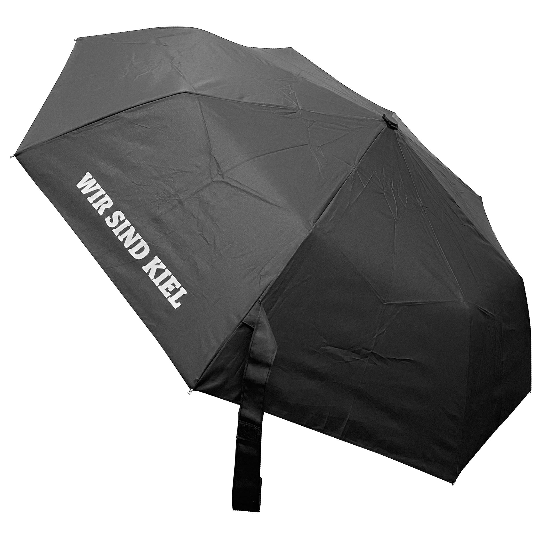 Der Mini-Taschenschirm schwarz ist ein schwarzer, winddichter Taschenschirm mit dem weißen Aufdruck WIR SIND KIEL" auf einer Seite und verfügt über eine praktische Auf-Zu-Automatik.