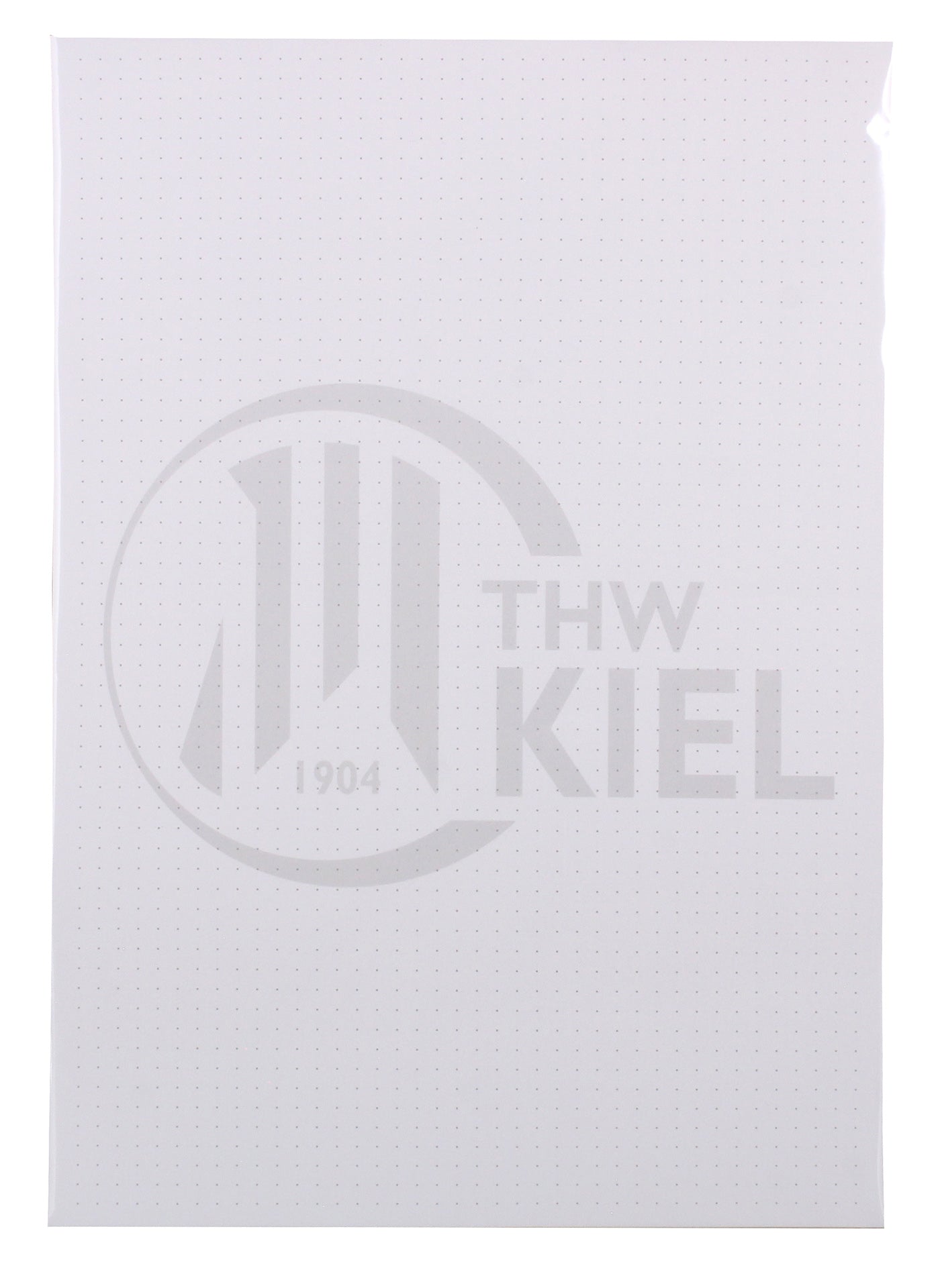 Der Notizblock A4 ist ein weißes, gepunktetes DIN-A4-Blatt mit halbtransparentem THW-Kiel-Logo und der Zahl 1904 in der Mitte - ideal zum stilvollen Notieren.