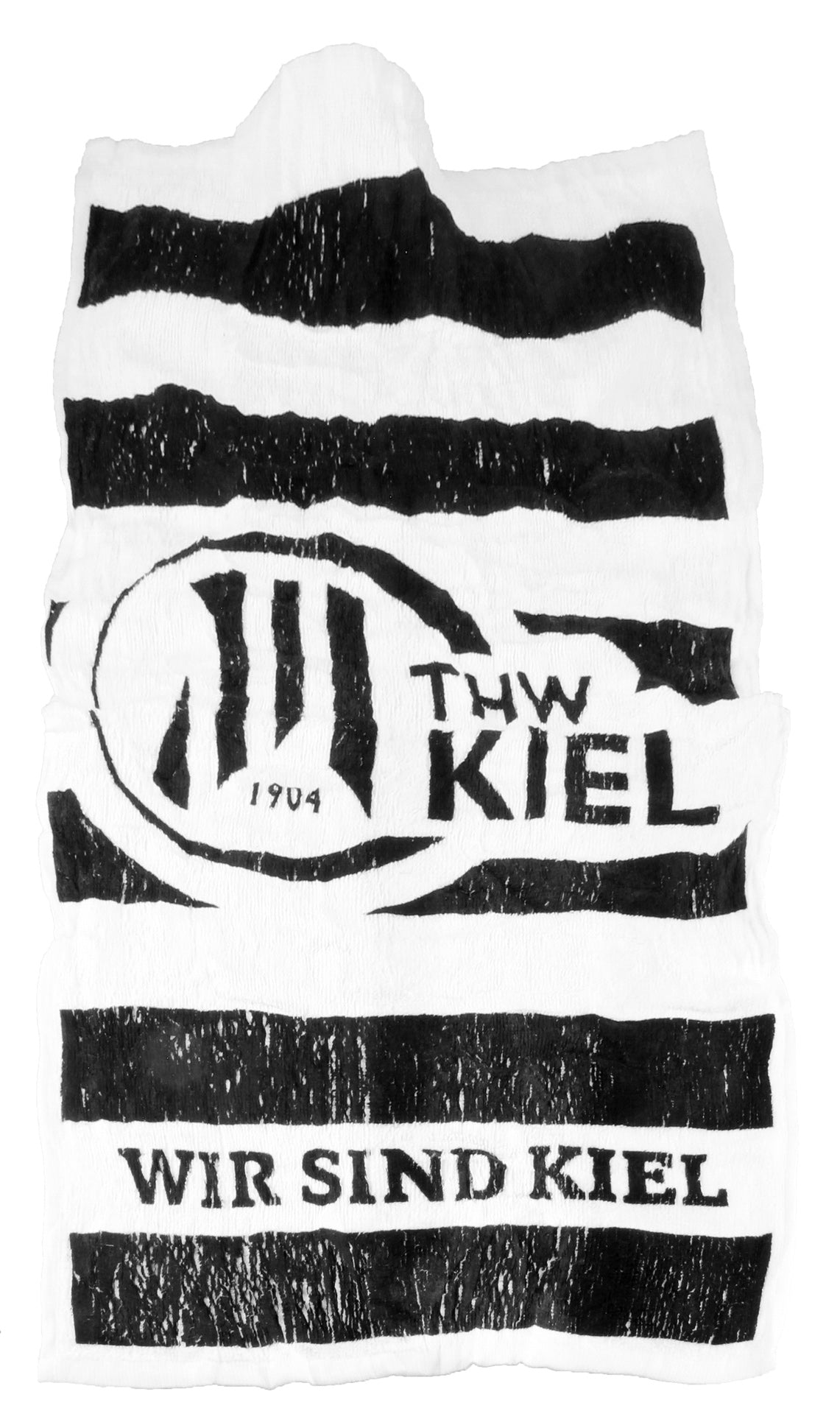 Das Schrumpfhandtuch schwarz-weiß ist ein schwarz-weiß gestreiftes Gästehandtuch aus 100% Baumwolle mit dem Schriftzug "THW Kiel 1904" und einem kreisförmigen Logo, sowie "WIR SIND KIEL" am unteren Rand.