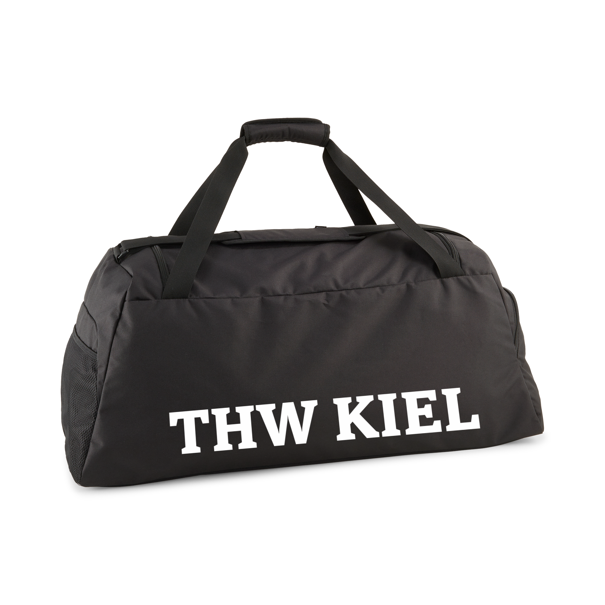 Eine schwarze PUMA teamGOAL Teamtasche (Größe L) aus Polyester mit zwei Henkeln und weißem THW KIEL"-Schriftzug an der Seite.